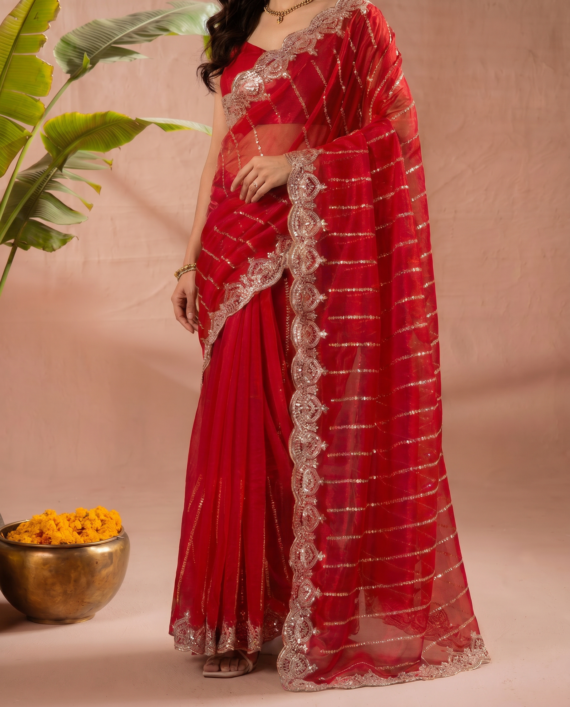 Modern Heritage: Red Net Saree with Black Embroiderd Blouse. - output 0 - 05 lower closeup