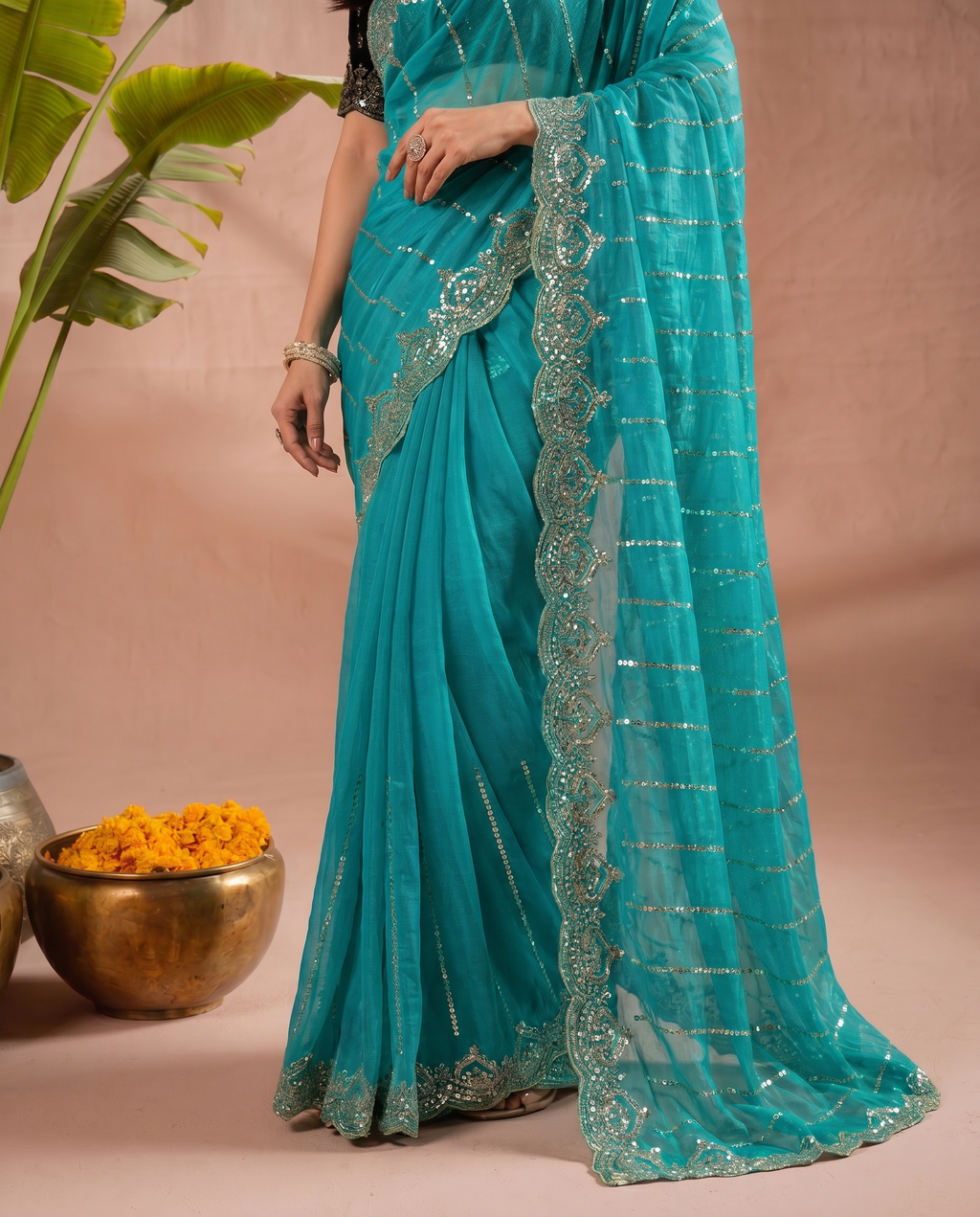 Modern Heritage: Red Net Saree with Black Embroiderd Blouse. - output 1 - 05 lower closeup