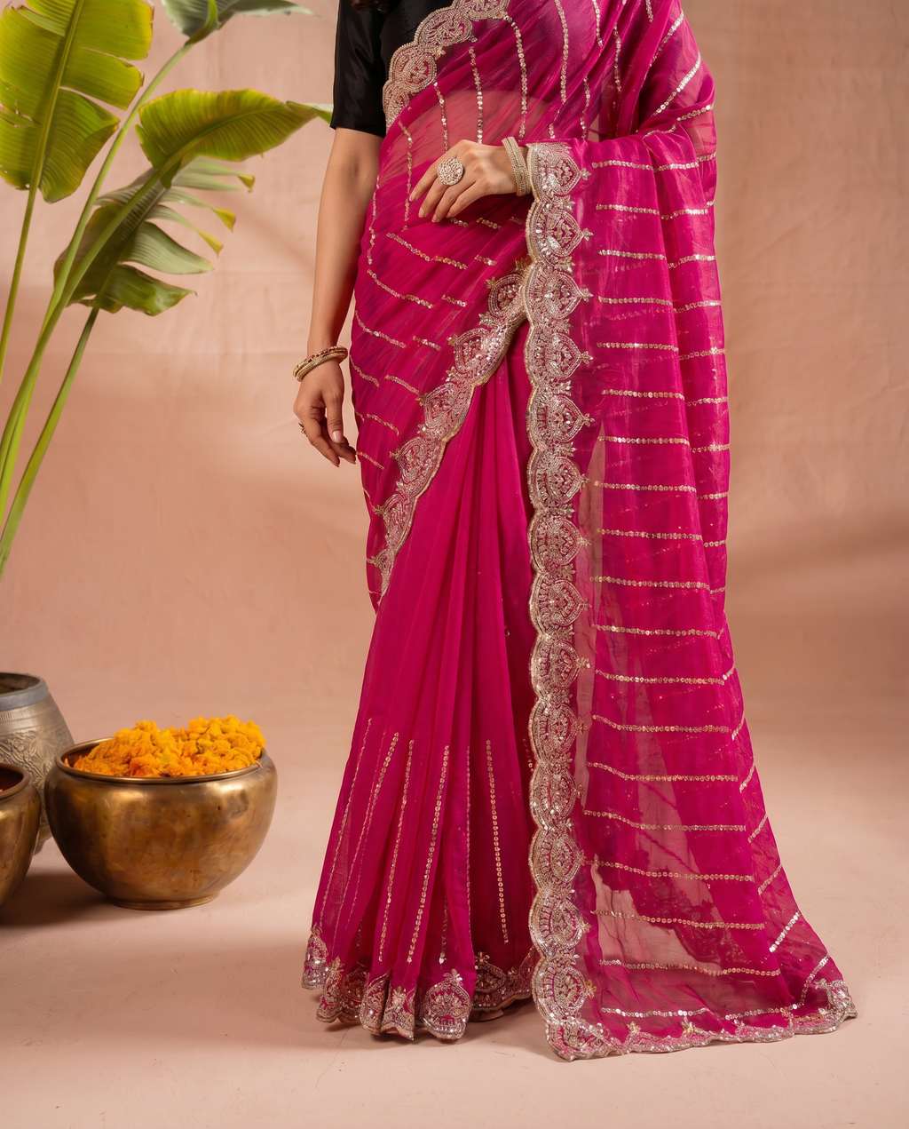 Modern Heritage: Red Net Saree with Black Embroiderd Blouse. - output 2 - 05 lower closeup