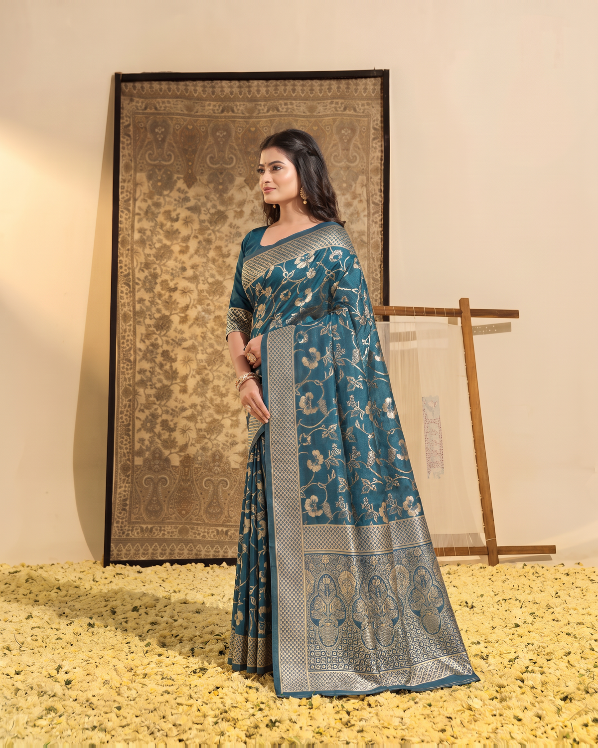 Mrinalini Blooming Garden Silk Saree - Airforce Blue - side drape