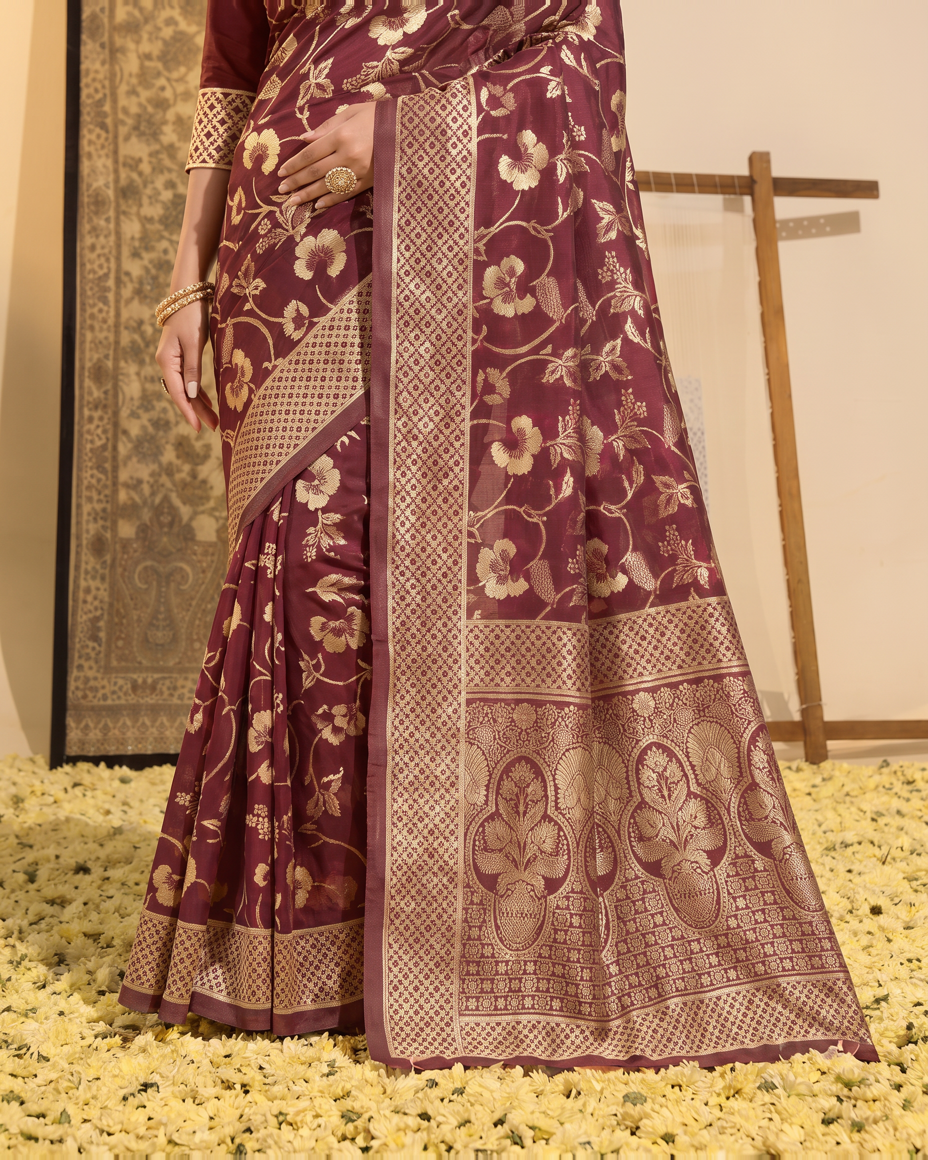 Mrinalini Blooming Garden Silk Saree - Maroon - lower border closeup