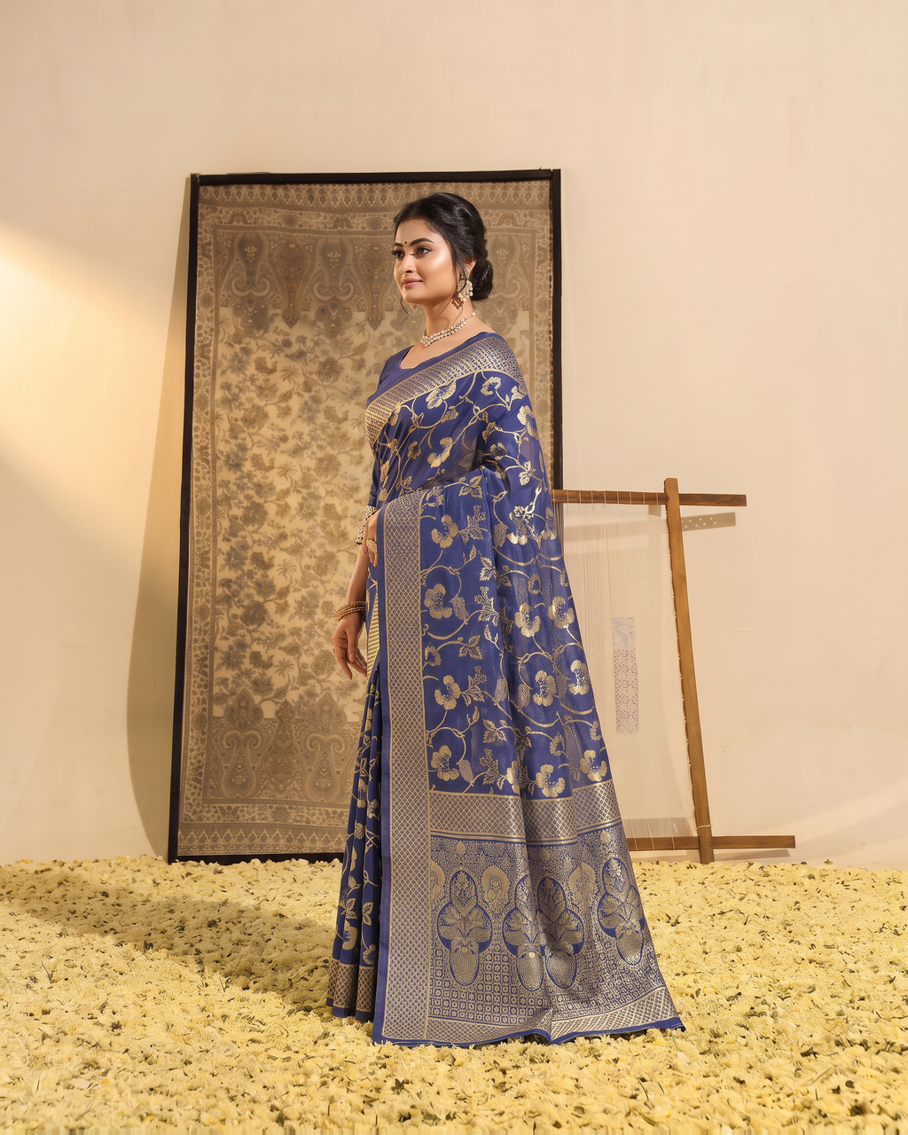Mrinalini Blooming Garden Silk Saree - Navy Blue - side drape