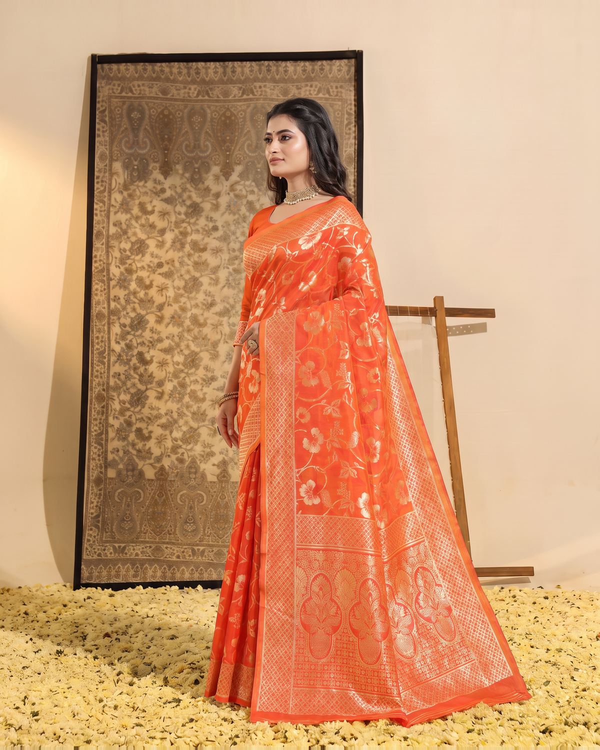 Mrinalini Blooming Garden Silk Saree - Orange - side drape
