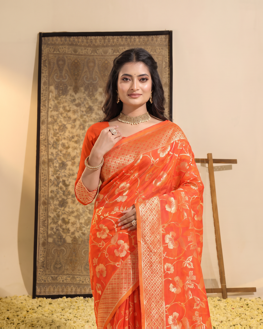 Mrinalini Blooming Garden Silk Saree - Orange - upper closeup