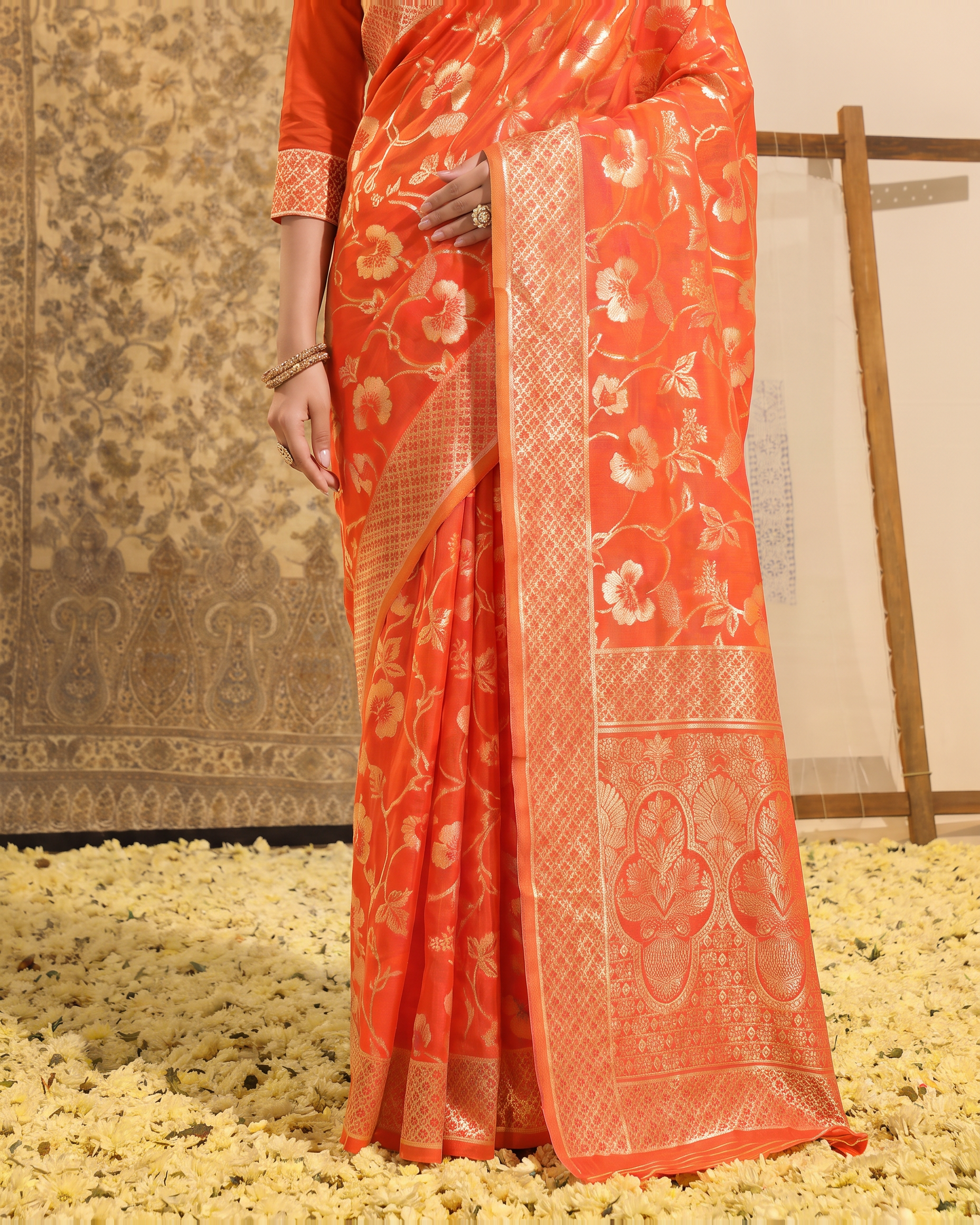 Mrinalini Blooming Garden Silk Saree - Orange - lower border closeup
