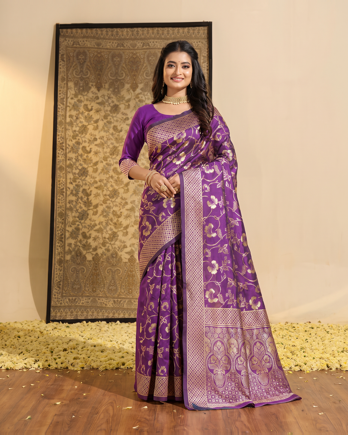Mrinalini Blooming Garden Silk Saree - Purple - full saree hero