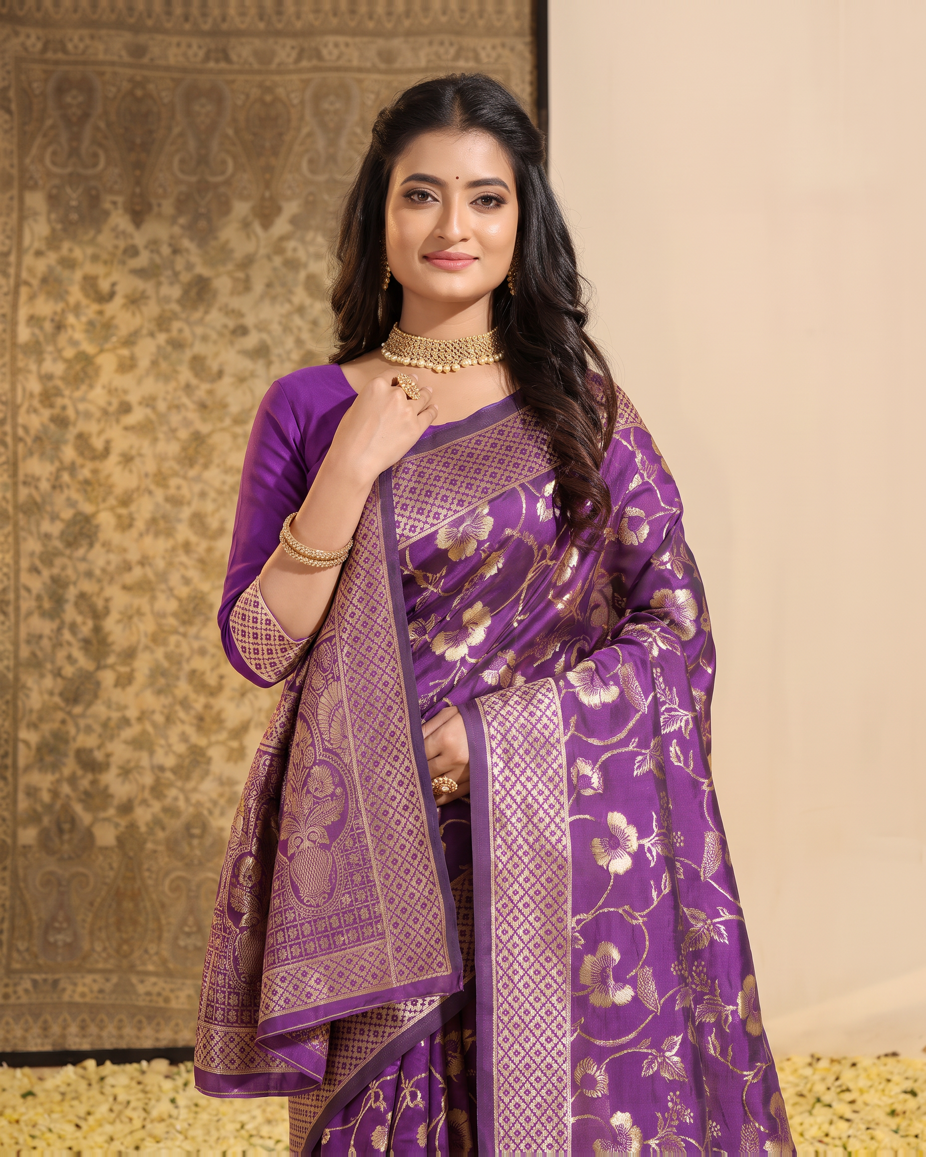 Mrinalini Blooming Garden Silk Saree - Purple - upper closeup