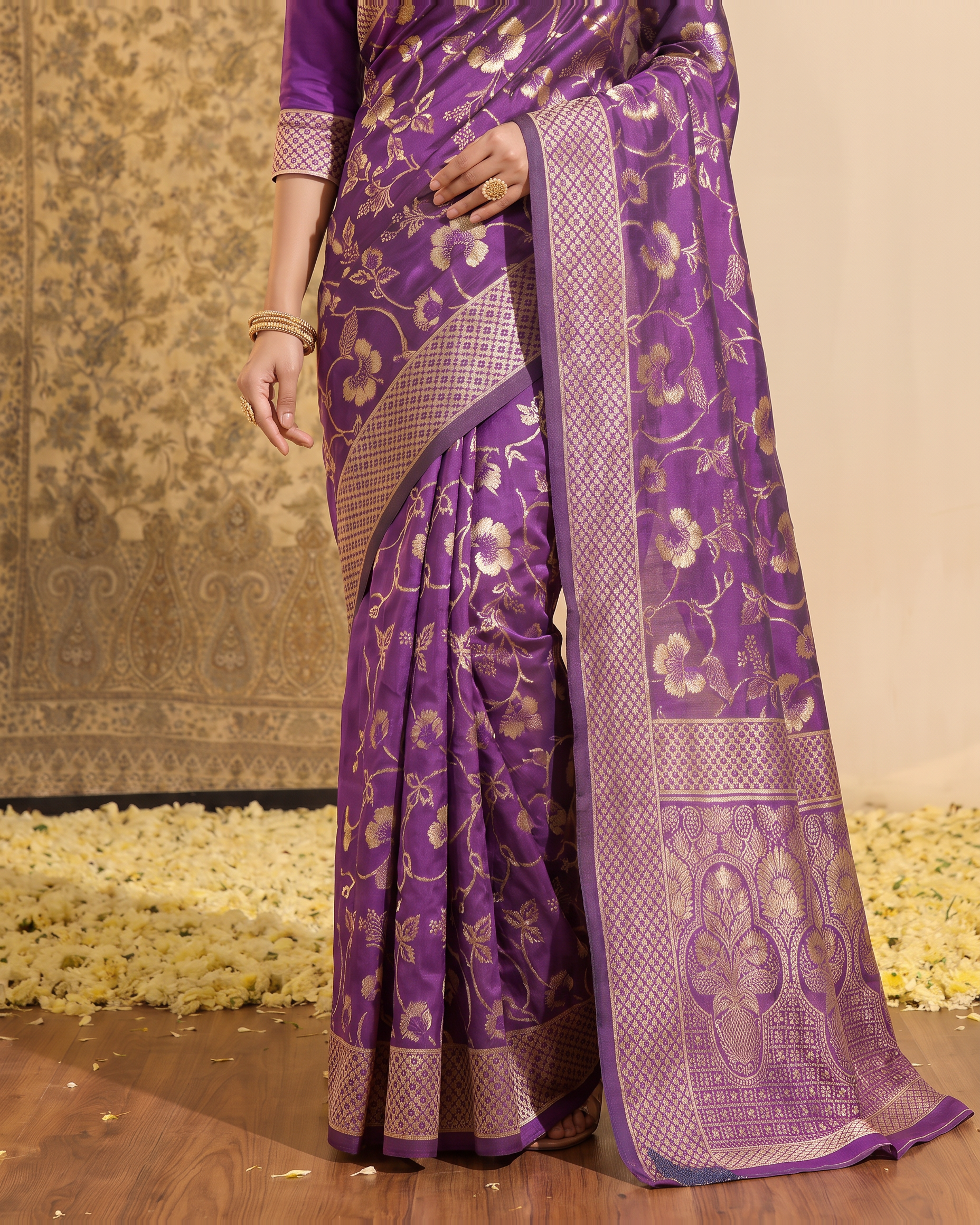 Mrinalini Blooming Garden Silk Saree - Purple - lower border closeup