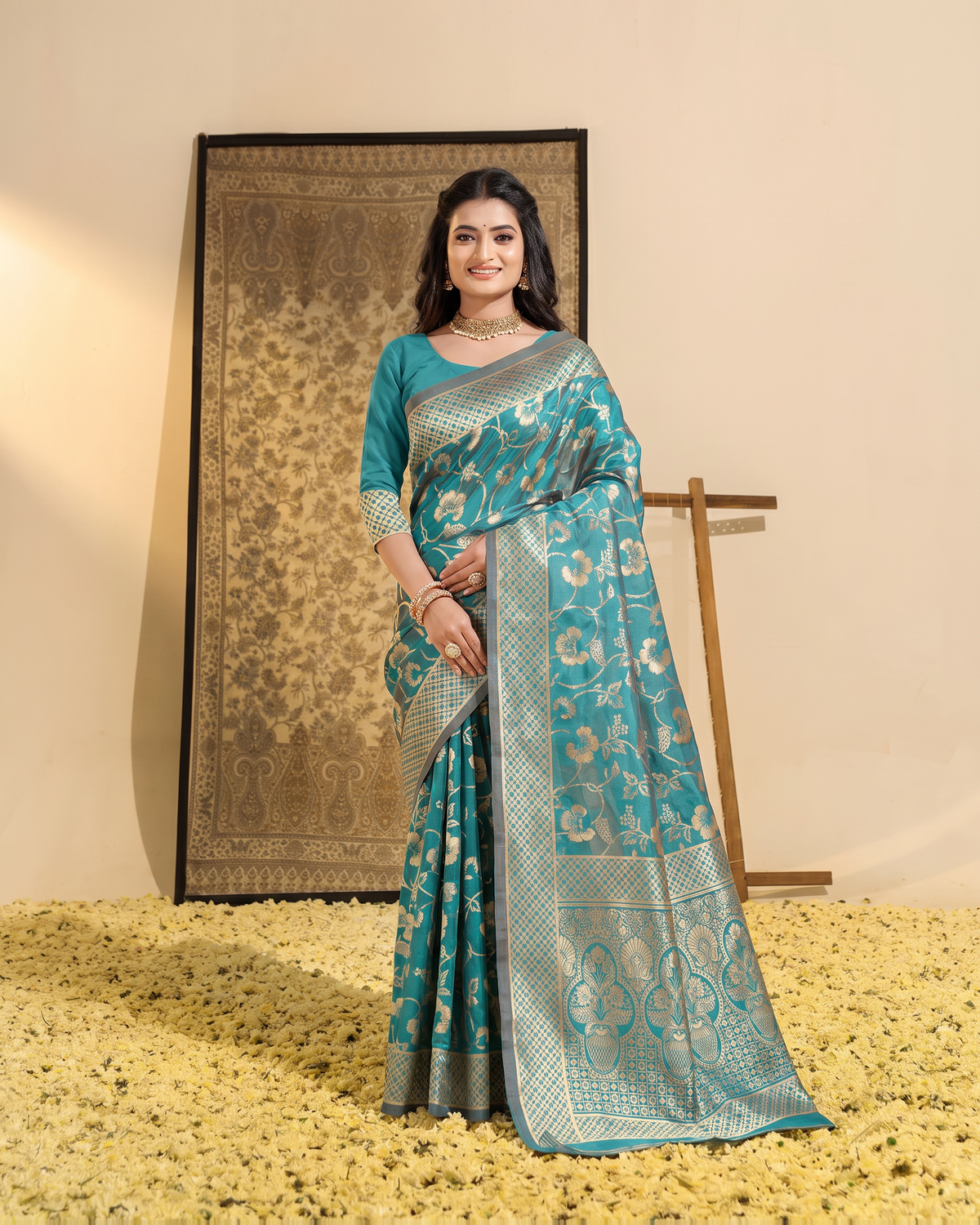 Mrinalini Blooming Garden Silk Saree - Rama Green - full saree hero