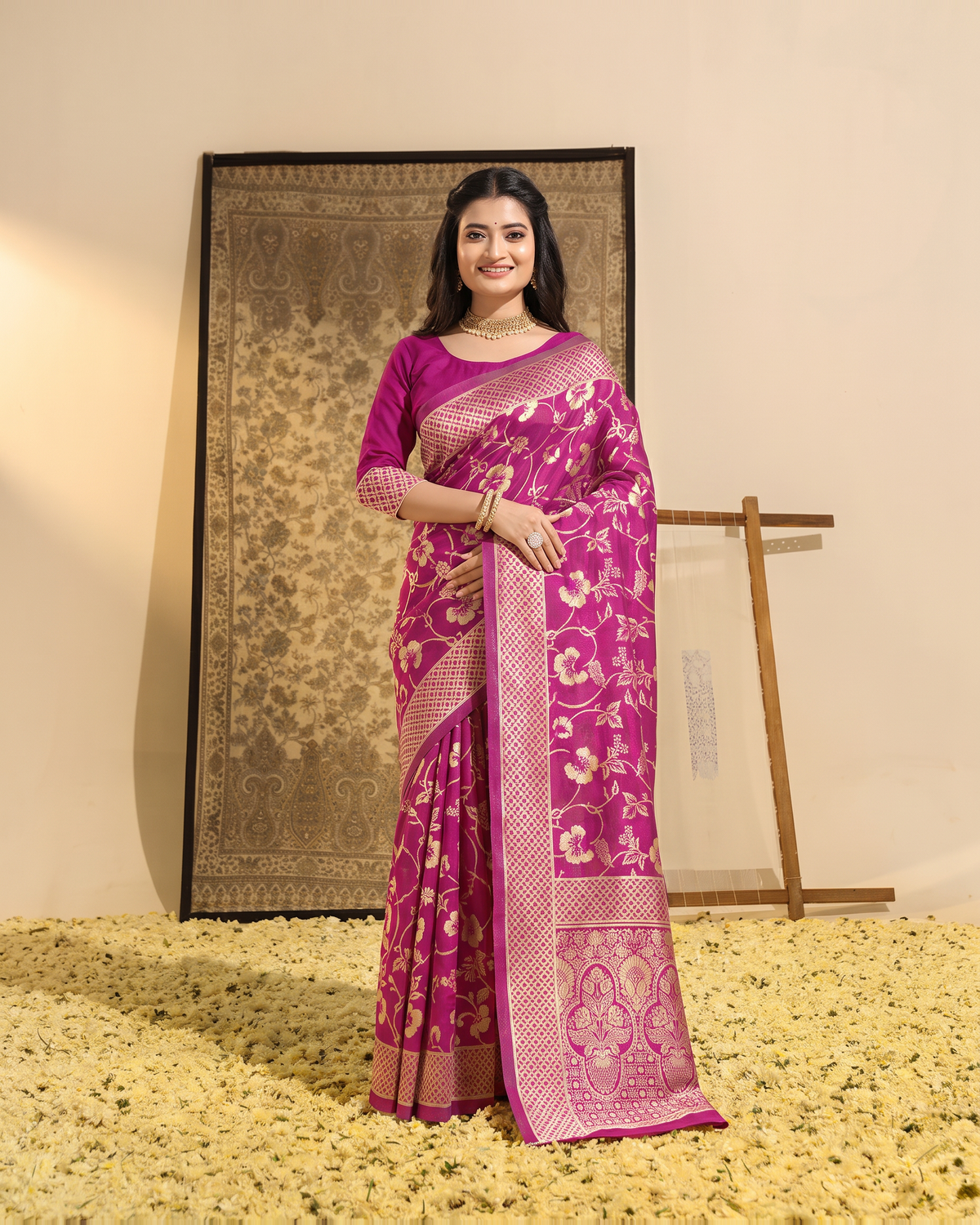 Mrinalini Blooming Garden Silk Saree - Wine - full saree hero