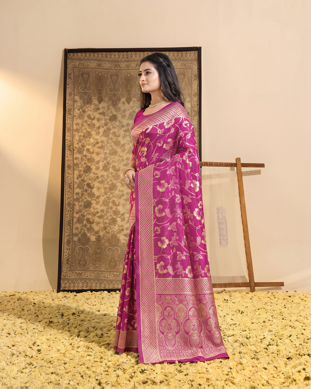 Mrinalini Blooming Garden Silk Saree - Wine - side drape