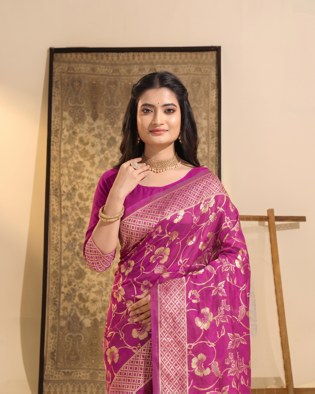Mrinalini Blooming Garden Silk Saree - Wine - upper closeup