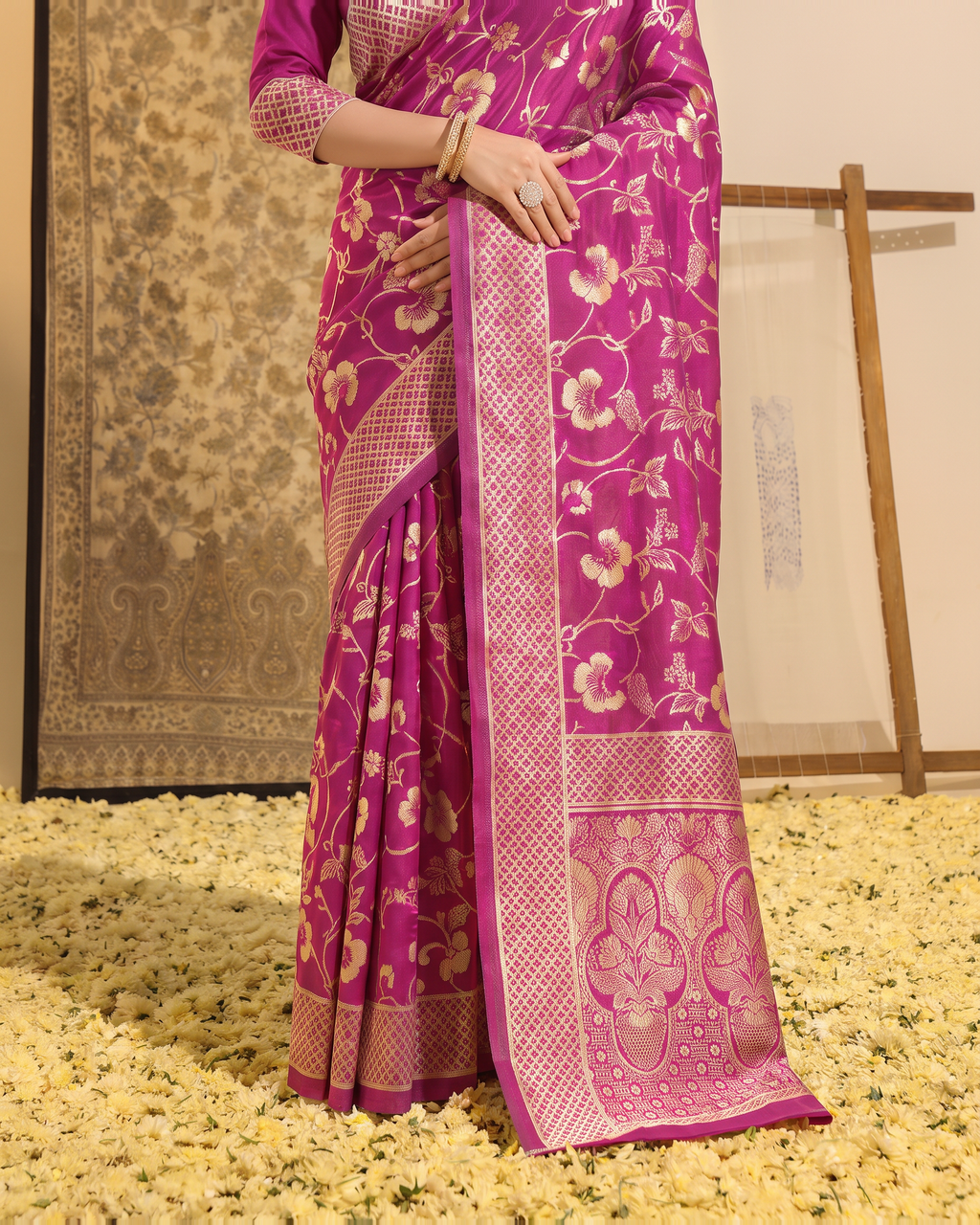 Mrinalini Blooming Garden Silk Saree - Wine - lower border closeup