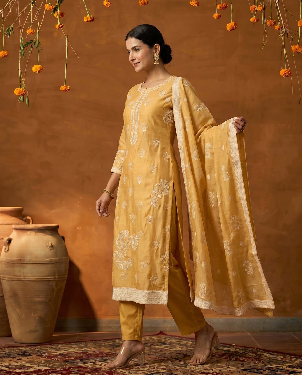 Mustard Embroidered Salwar Suit Set - side