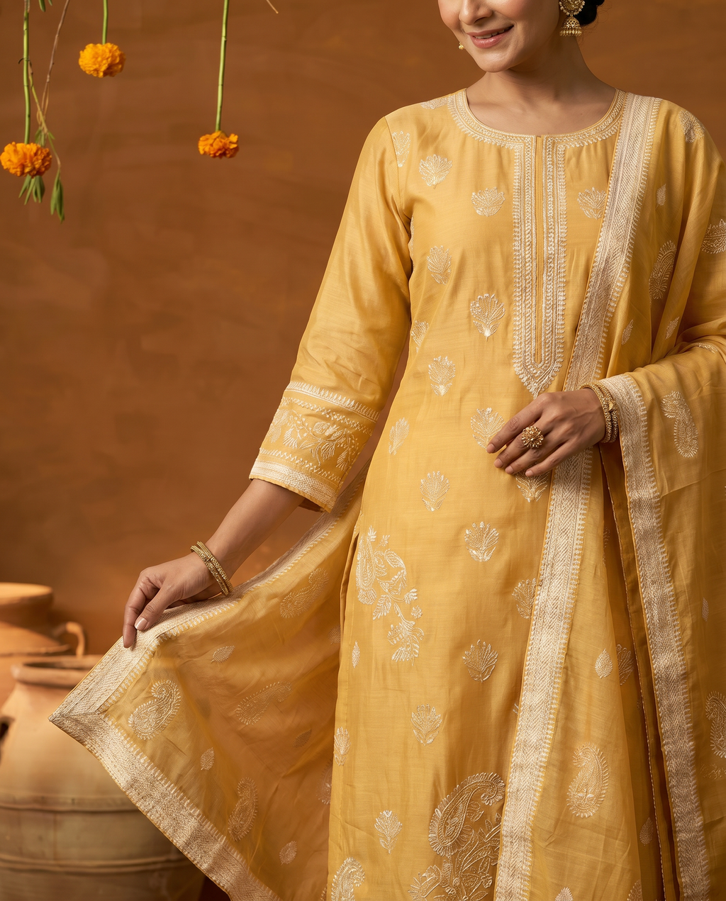 Mustard Embroidered Salwar Suit Set - closeup