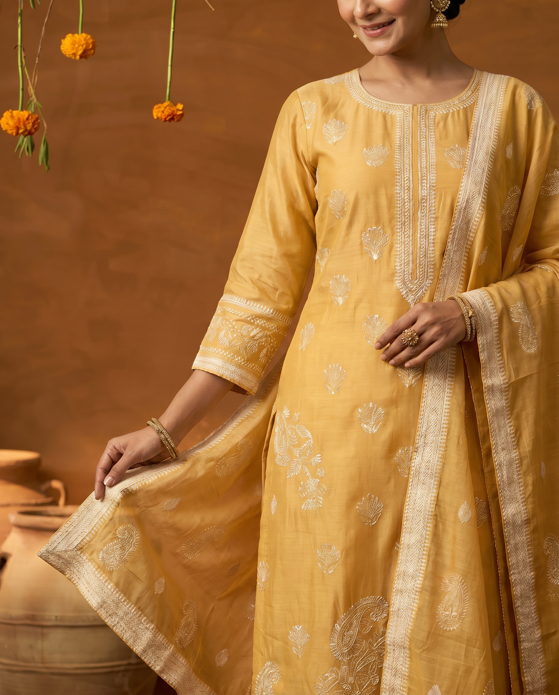 Mustard Embroidered Salwar Suit Set - closeup