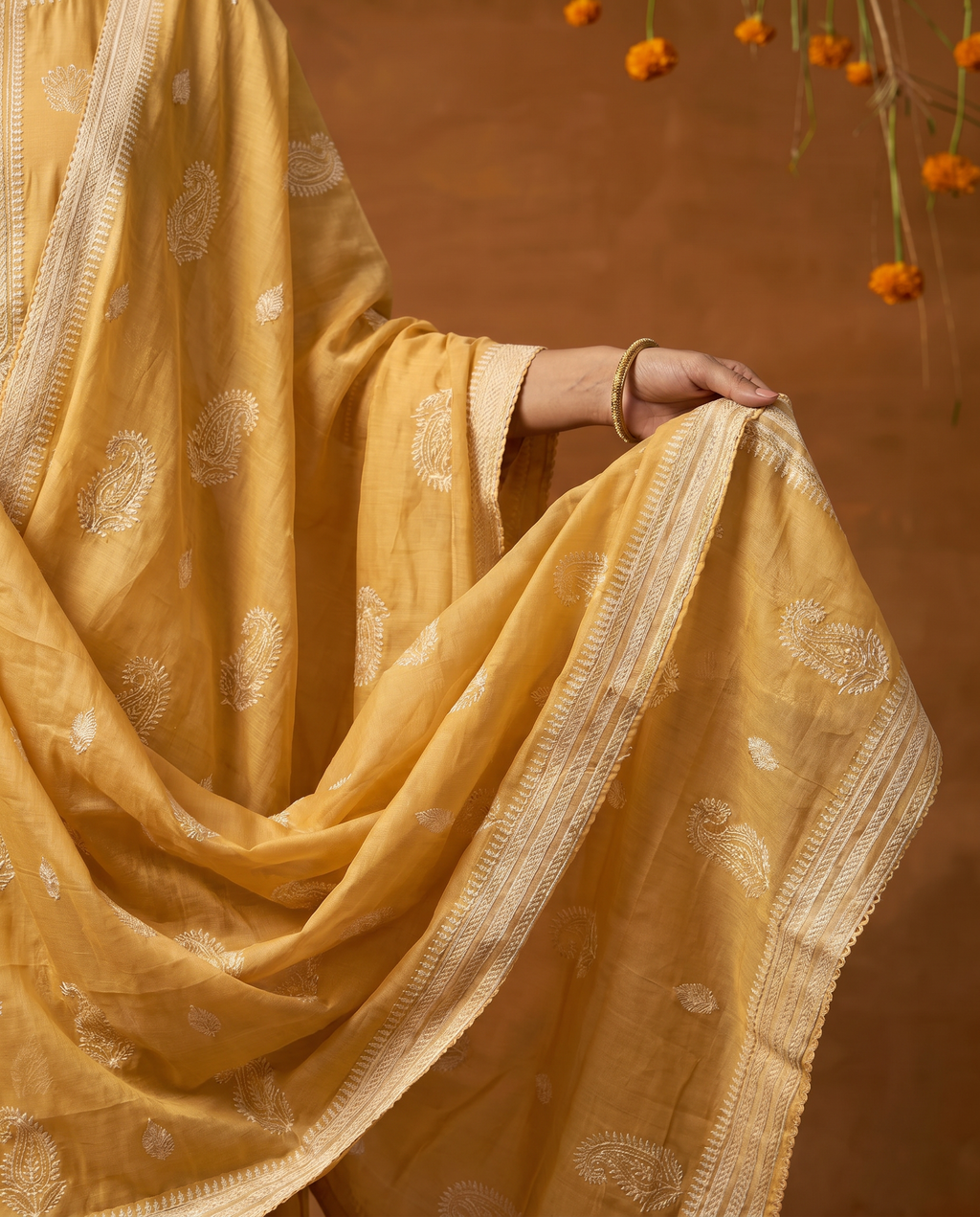 Mustard Embroidered Salwar Suit Set - dupatta
