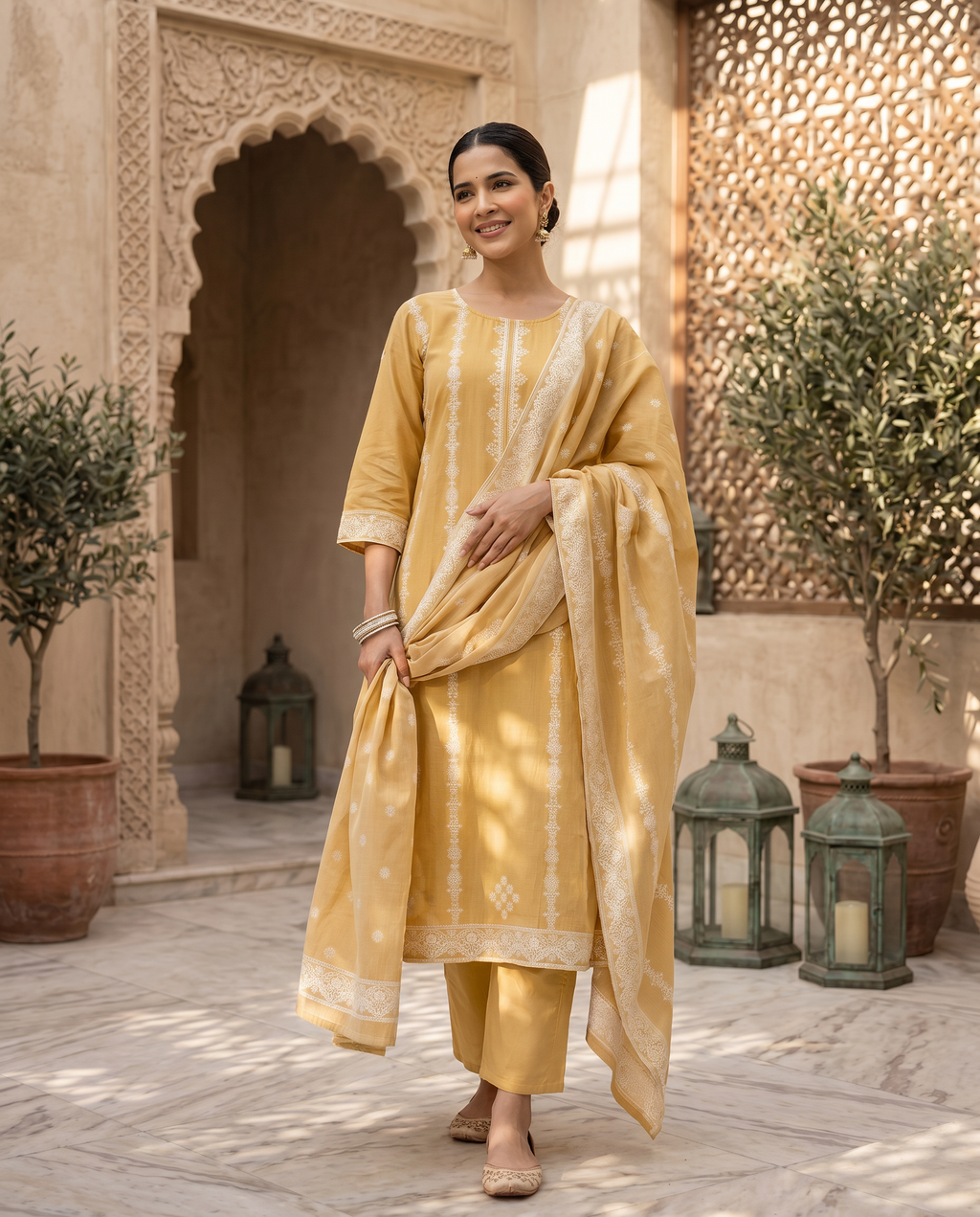Mustard Salwar Suit Set with White Embroidery - front
