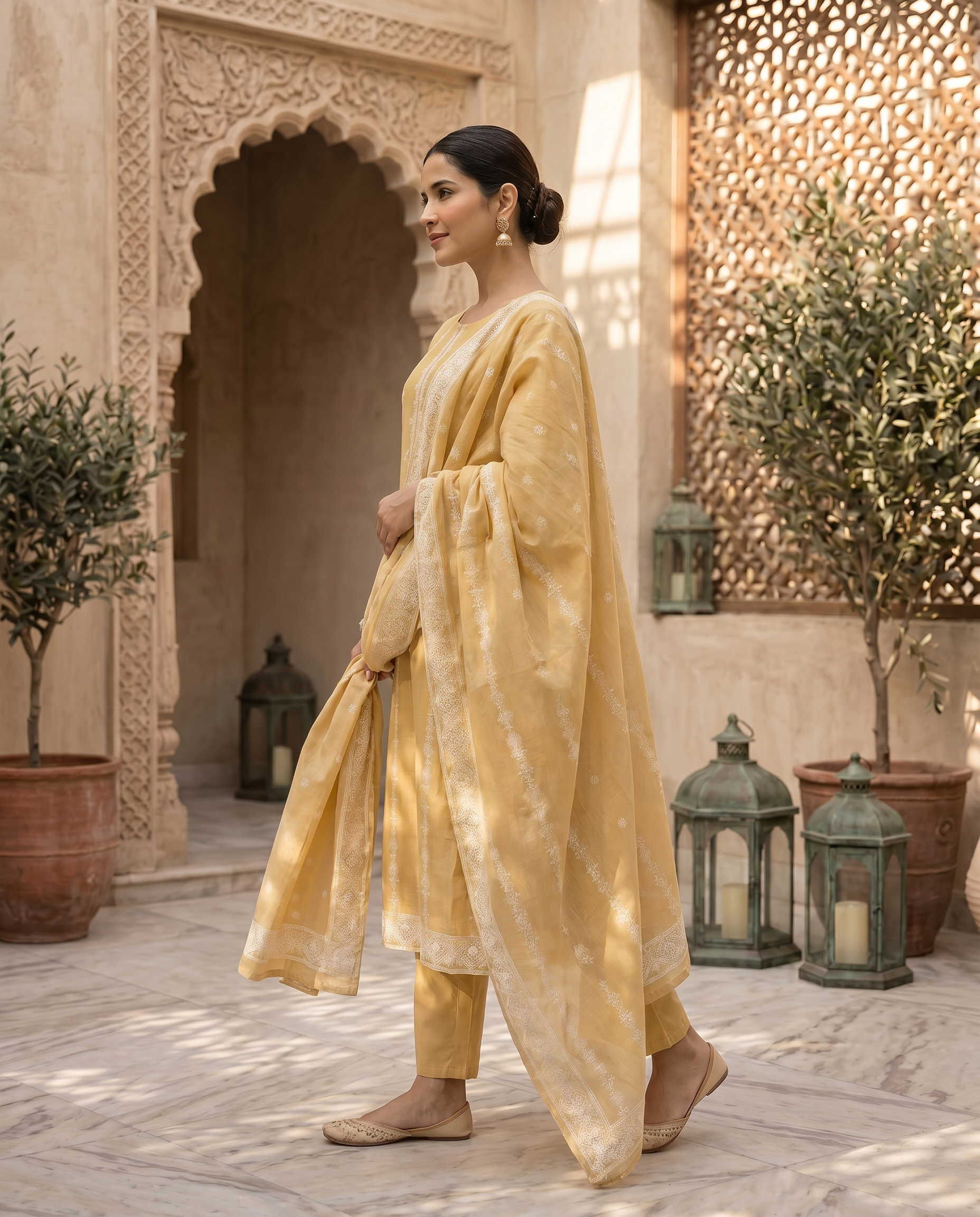Mustard Salwar Suit Set with White Embroidery - side