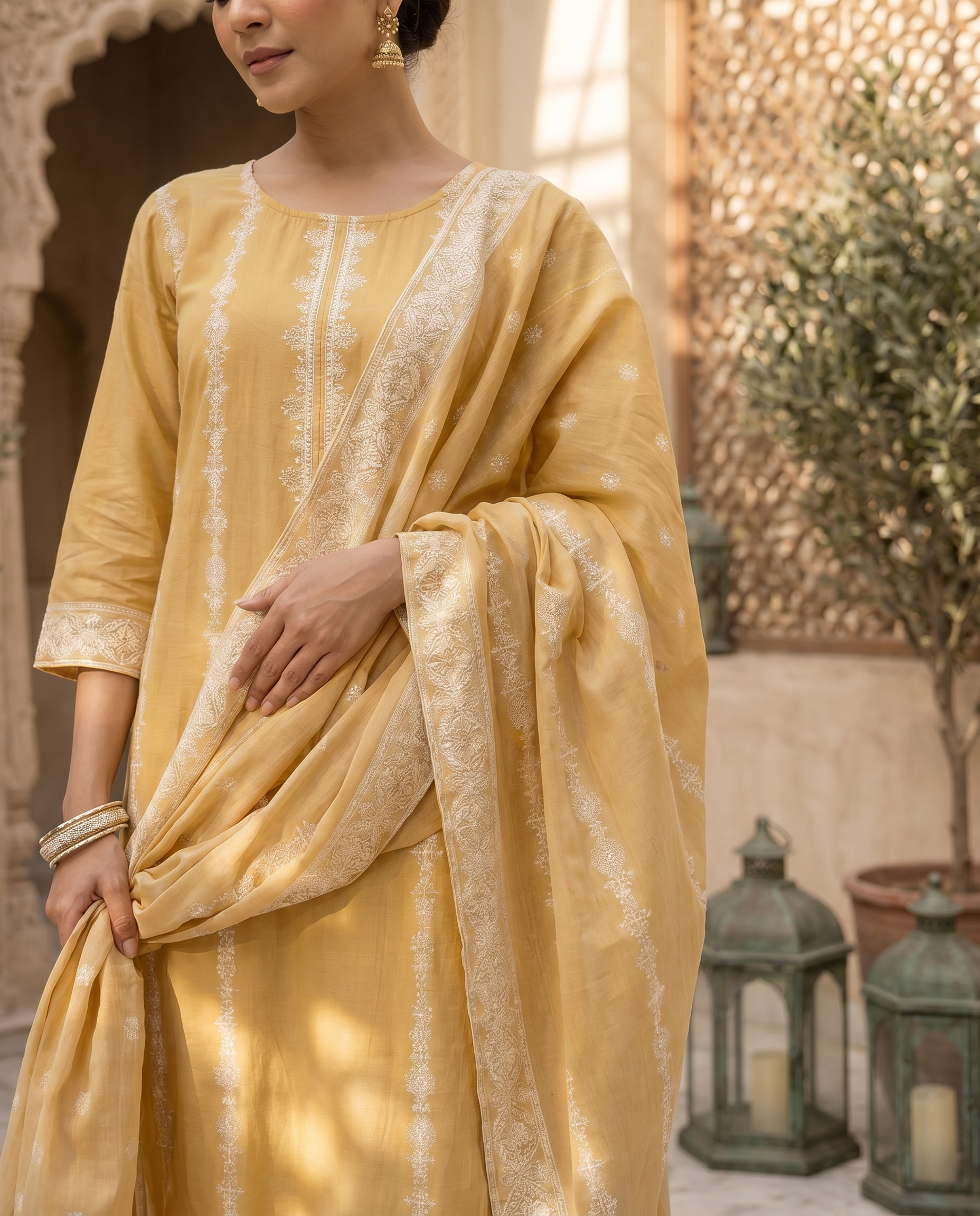 Mustard Salwar Suit Set with White Embroidery - closeup