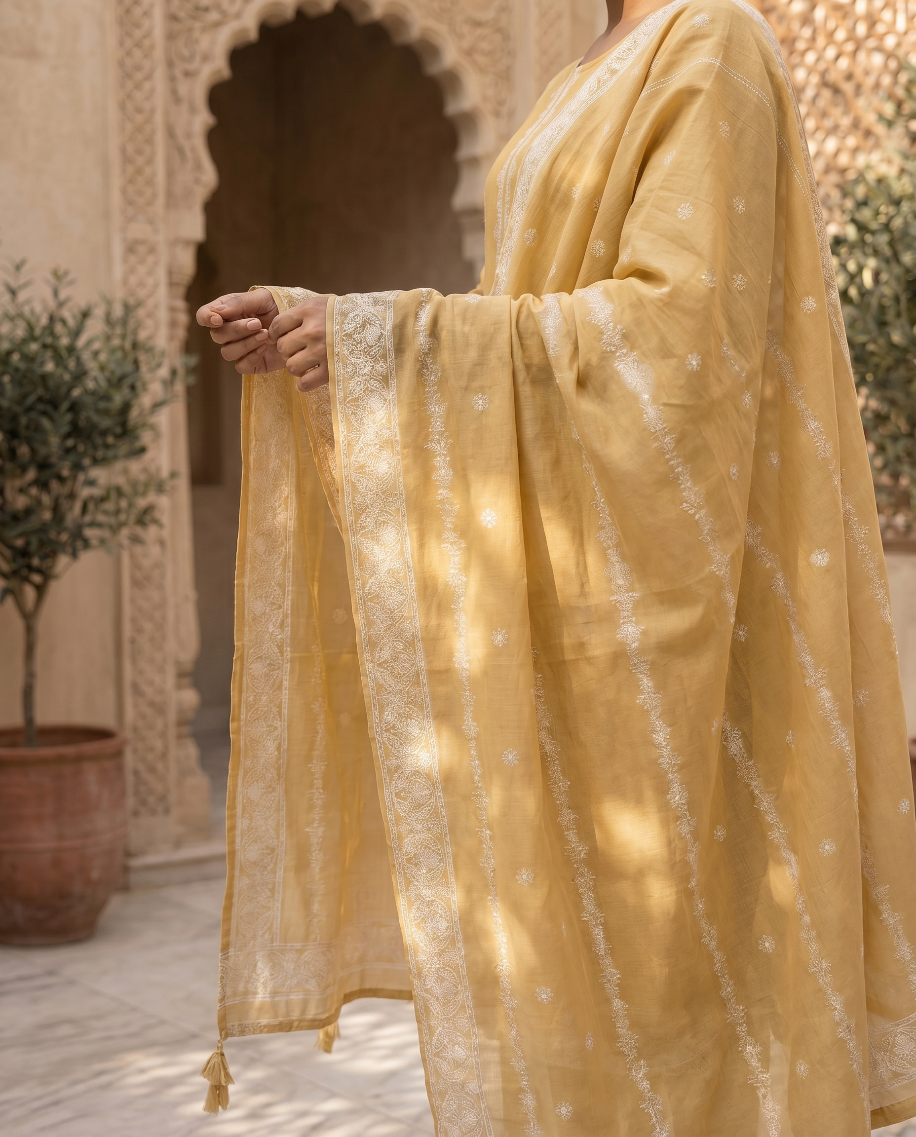 Mustard Salwar Suit Set with White Embroidery - dupatta