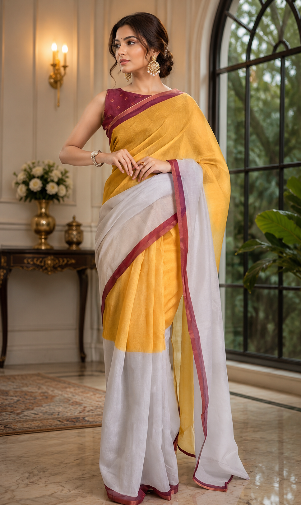 Mustard Yellow Ivory Chanderi Cotton Ready To Wear Saree - full saree