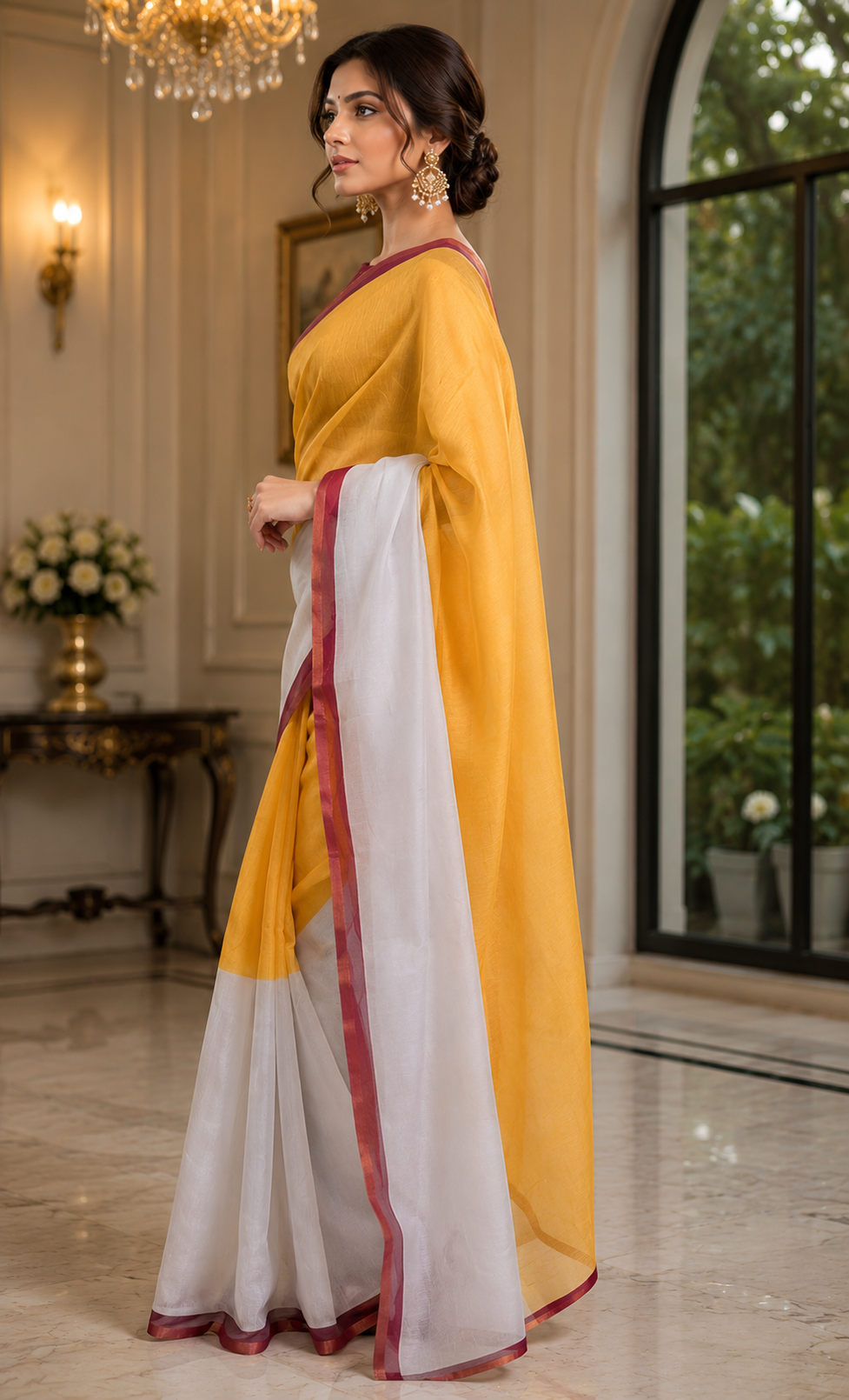 Mustard Yellow Ivory Chanderi Cotton Ready To Wear Saree - image 2