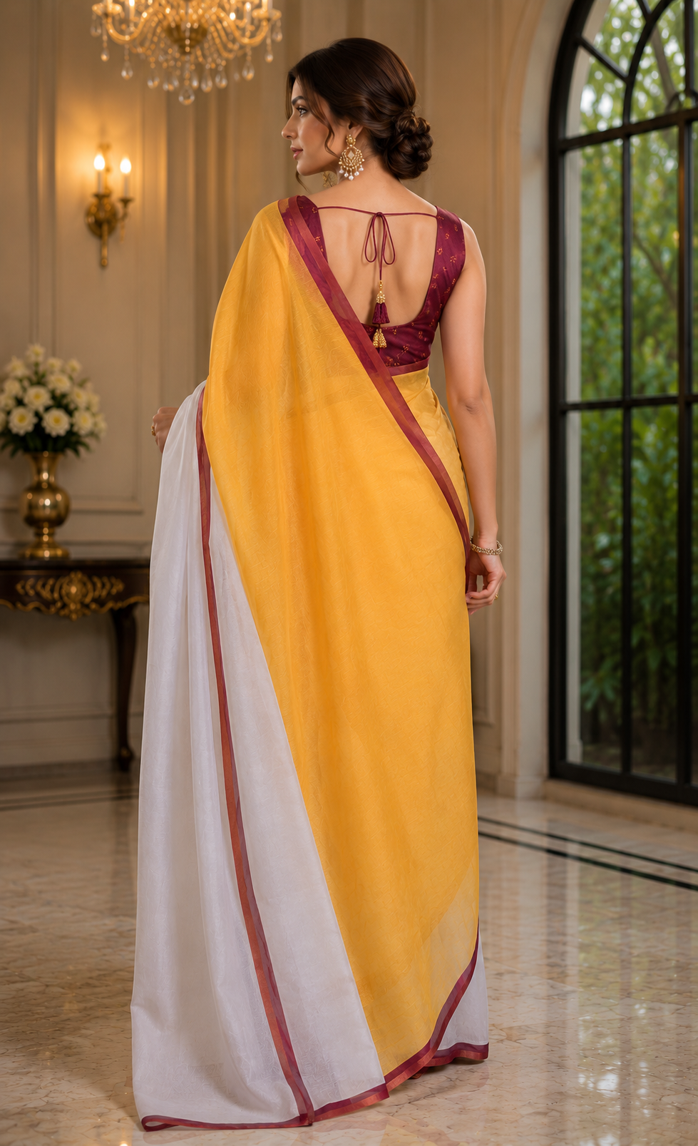 Mustard Yellow Ivory Chanderi Cotton Ready To Wear Saree - image 3