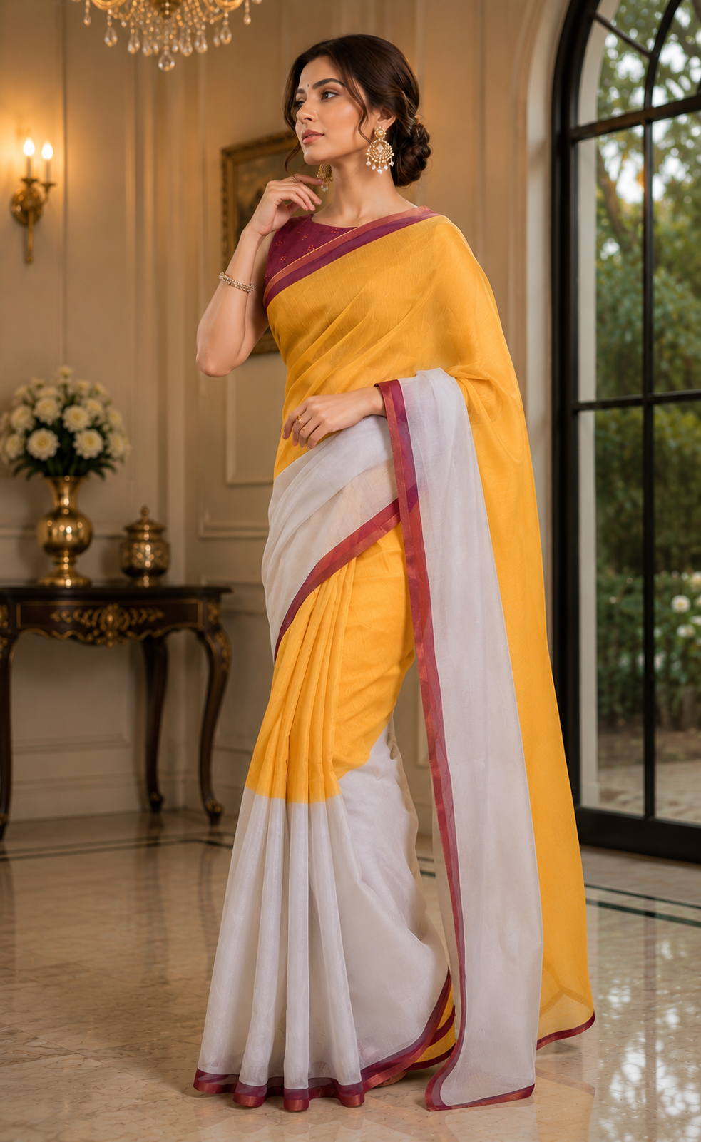 Mustard Yellow Ivory Chanderi Cotton Ready To Wear Saree - image 4