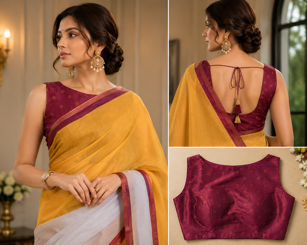 Mustard Yellow Ivory Chanderi Cotton Ready To Wear Saree - blouse detail