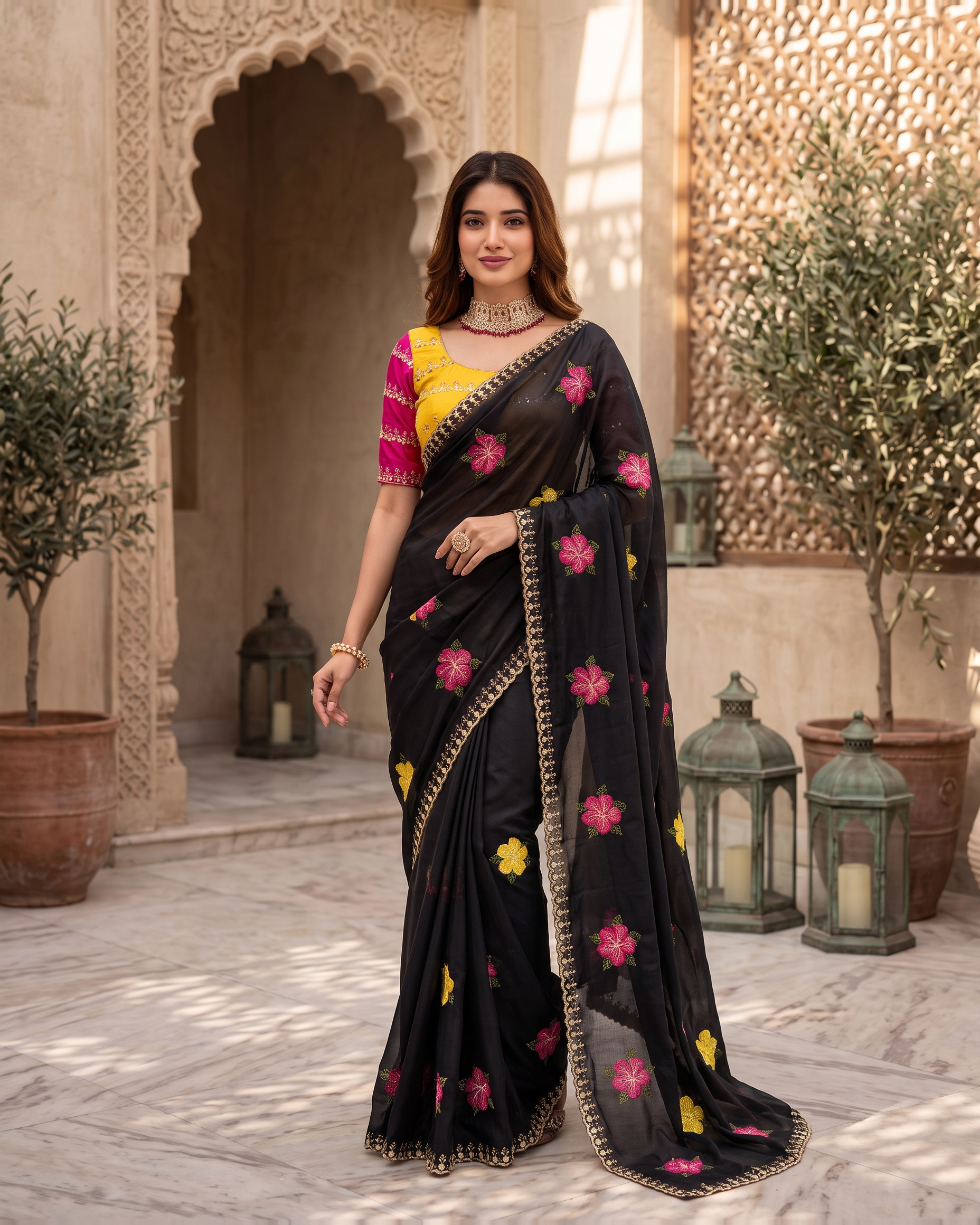 Myra Mirror Work Festive Saree with Sparkle Border - Black - full saree hero