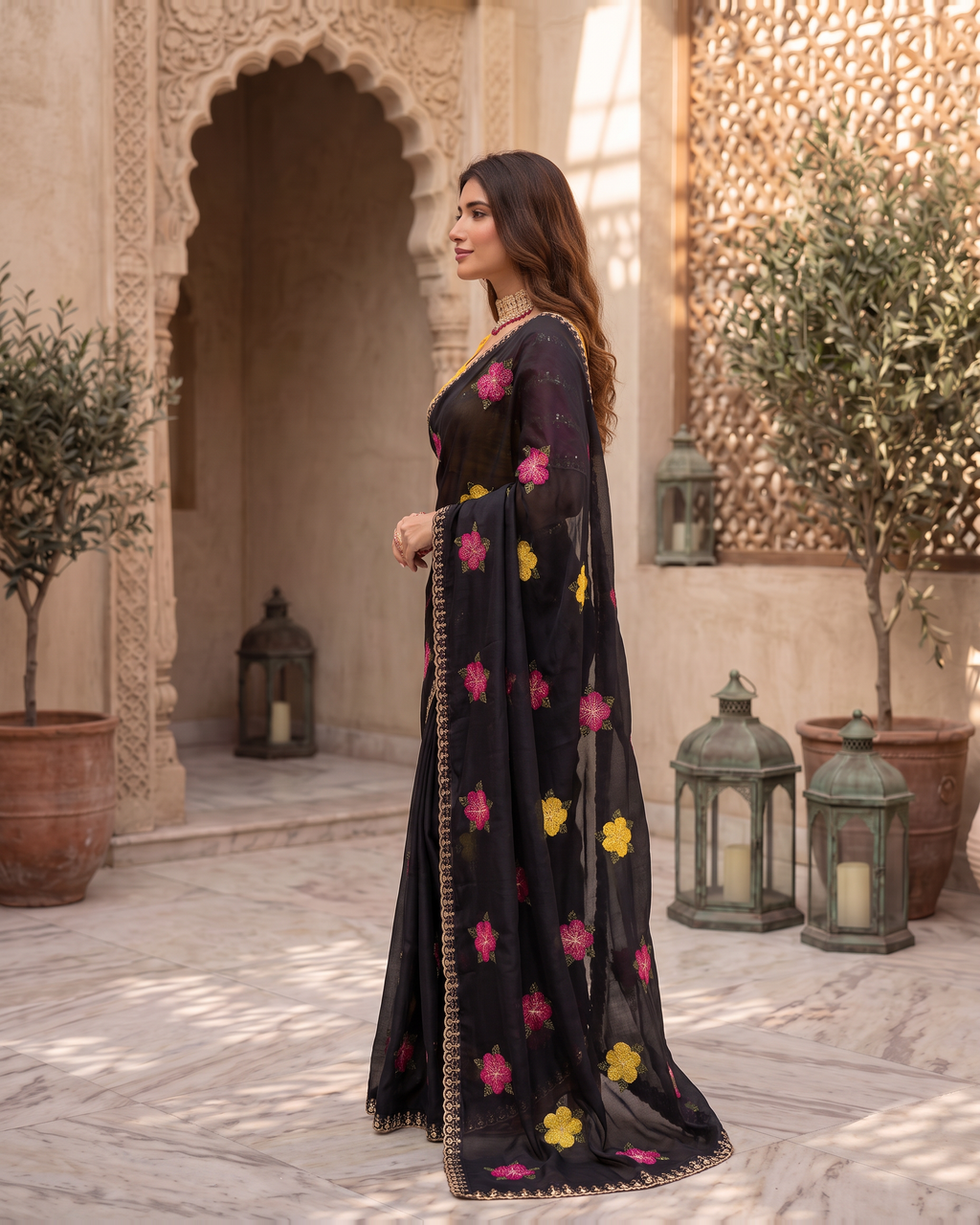 Myra Mirror Work Festive Saree with Sparkle Border - Black - side
