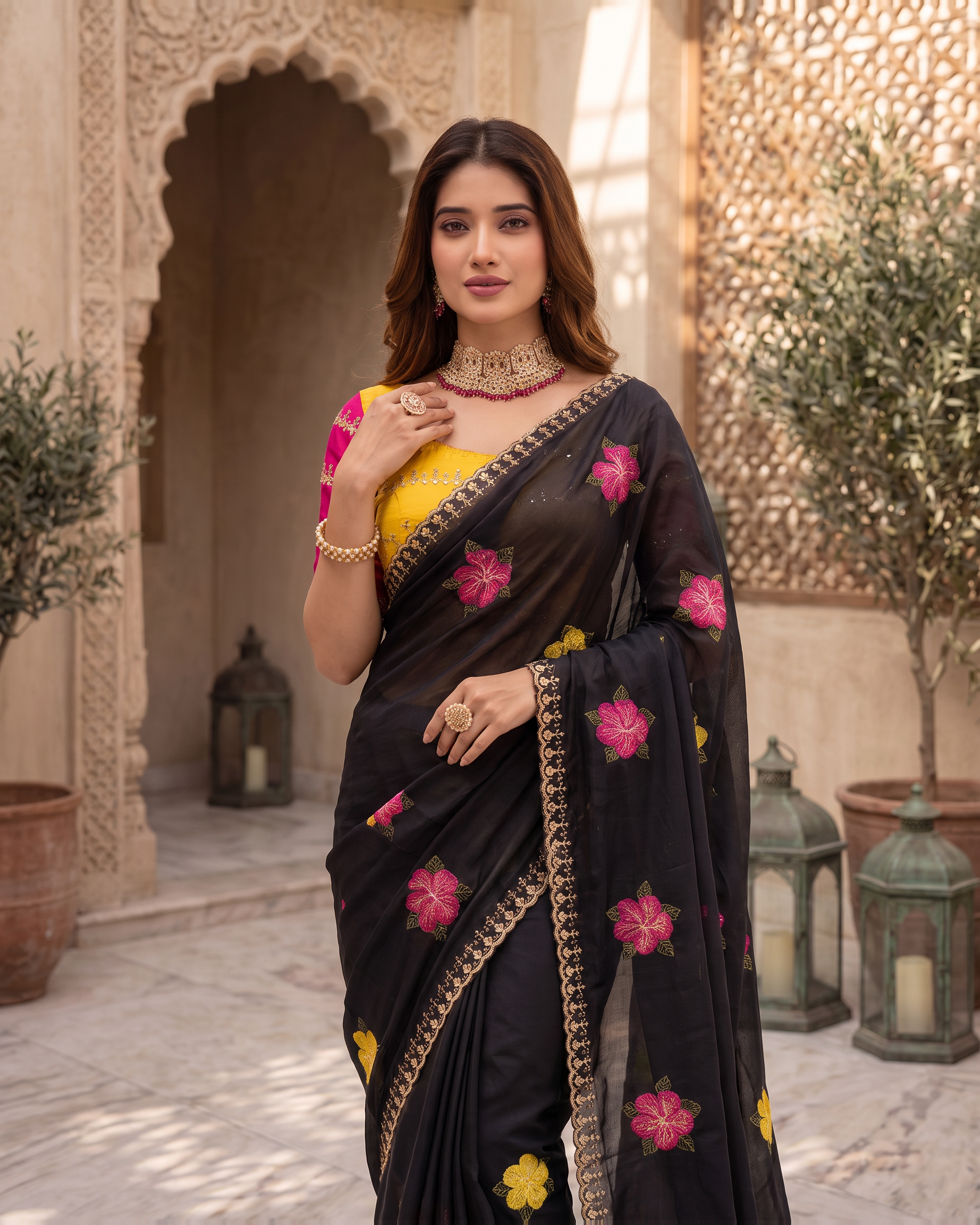 Myra Mirror Work Festive Saree with Sparkle Border - Black - upper closeup