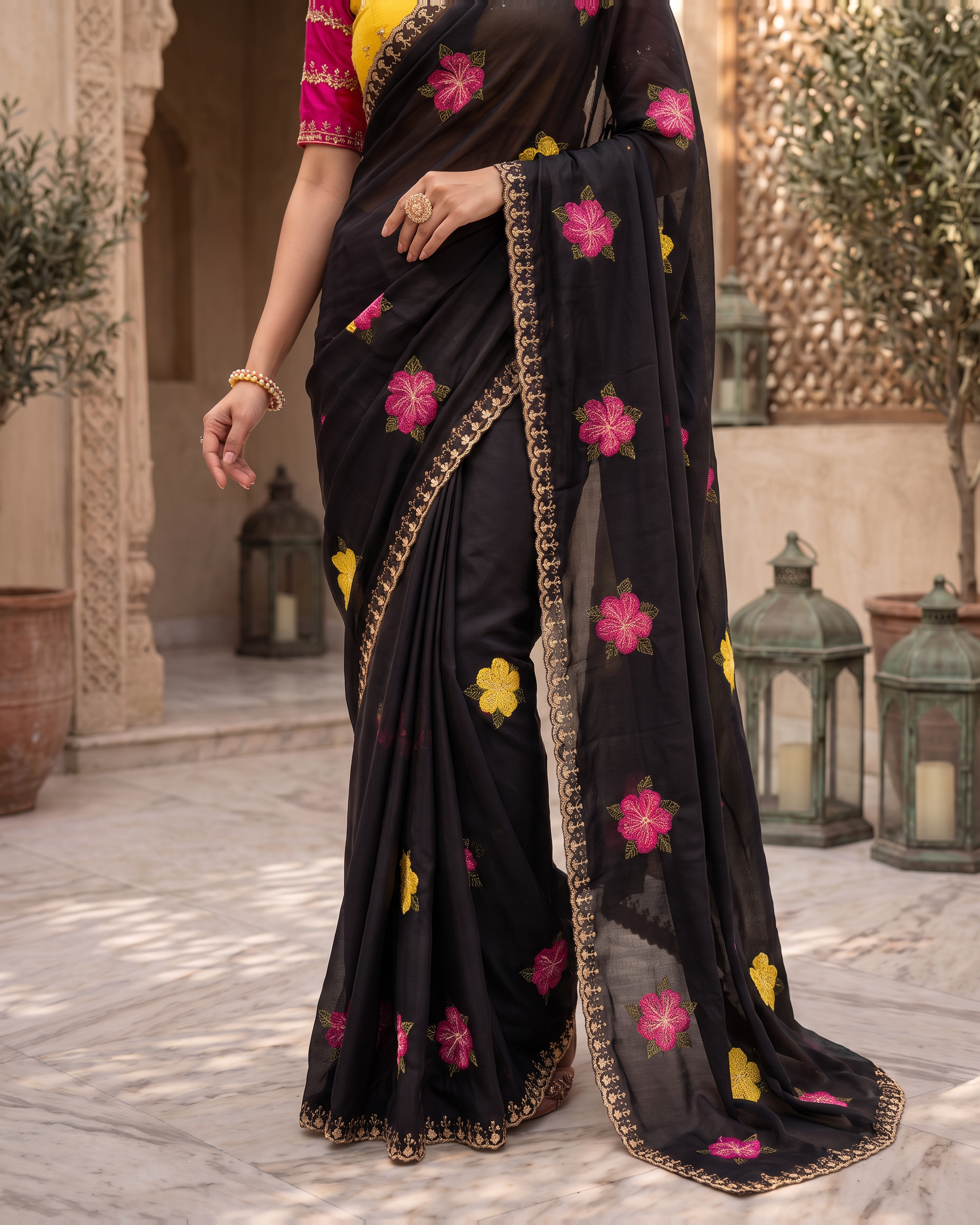 Myra Mirror Work Festive Saree with Sparkle Border - Black - lower closeup