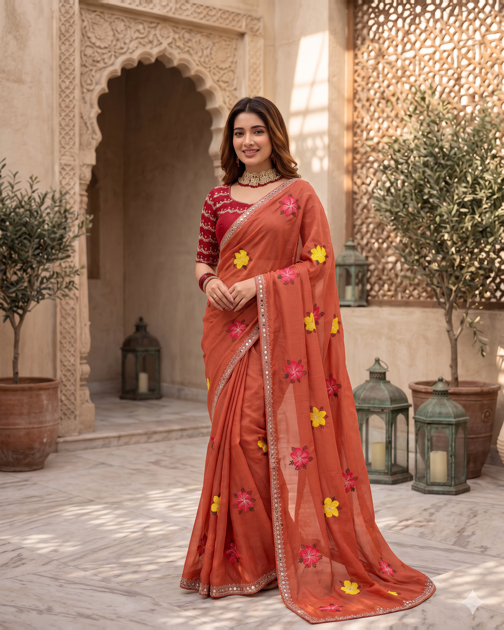 Myra Mirror Work Festive Saree with Sparkle Border - Coral - full saree hero