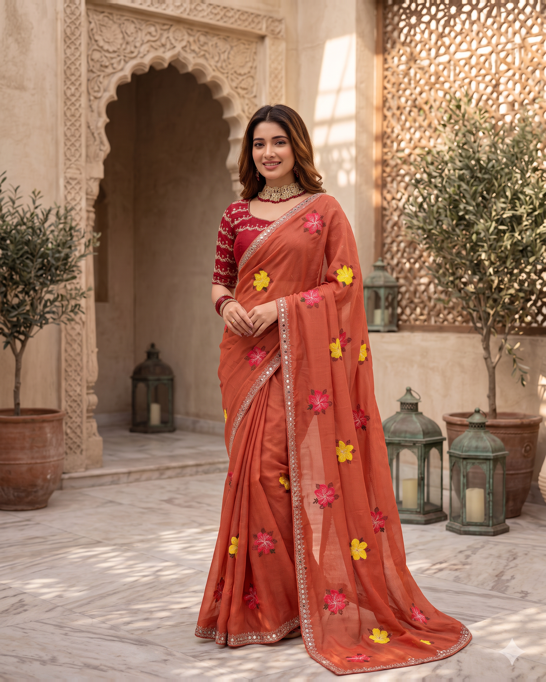 Myra Mirror Work Festive Saree with Sparkle Border - Coral - full saree hero