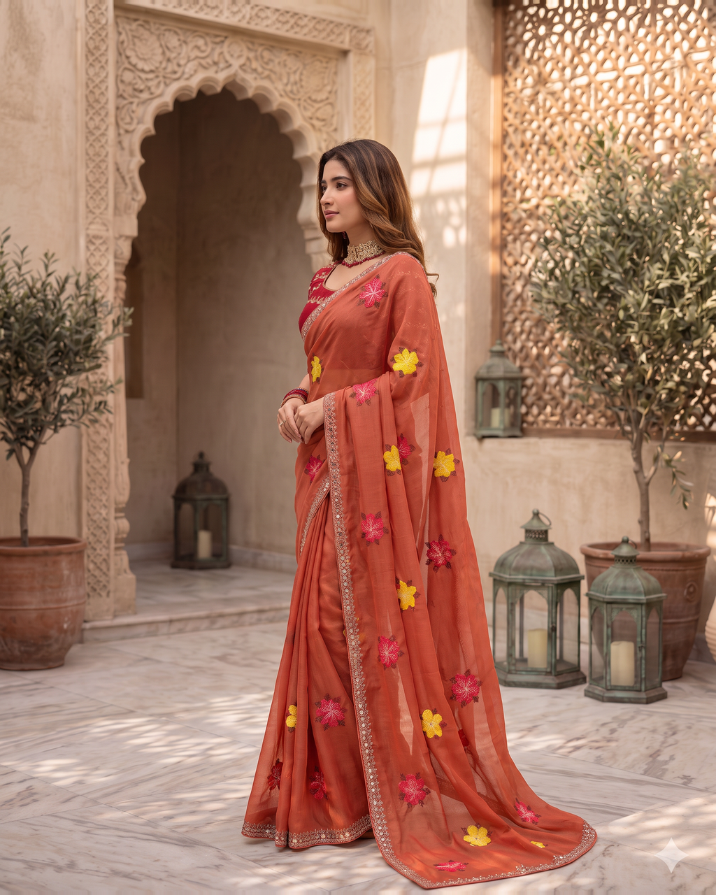 Myra Mirror Work Festive Saree with Sparkle Border - Coral - side