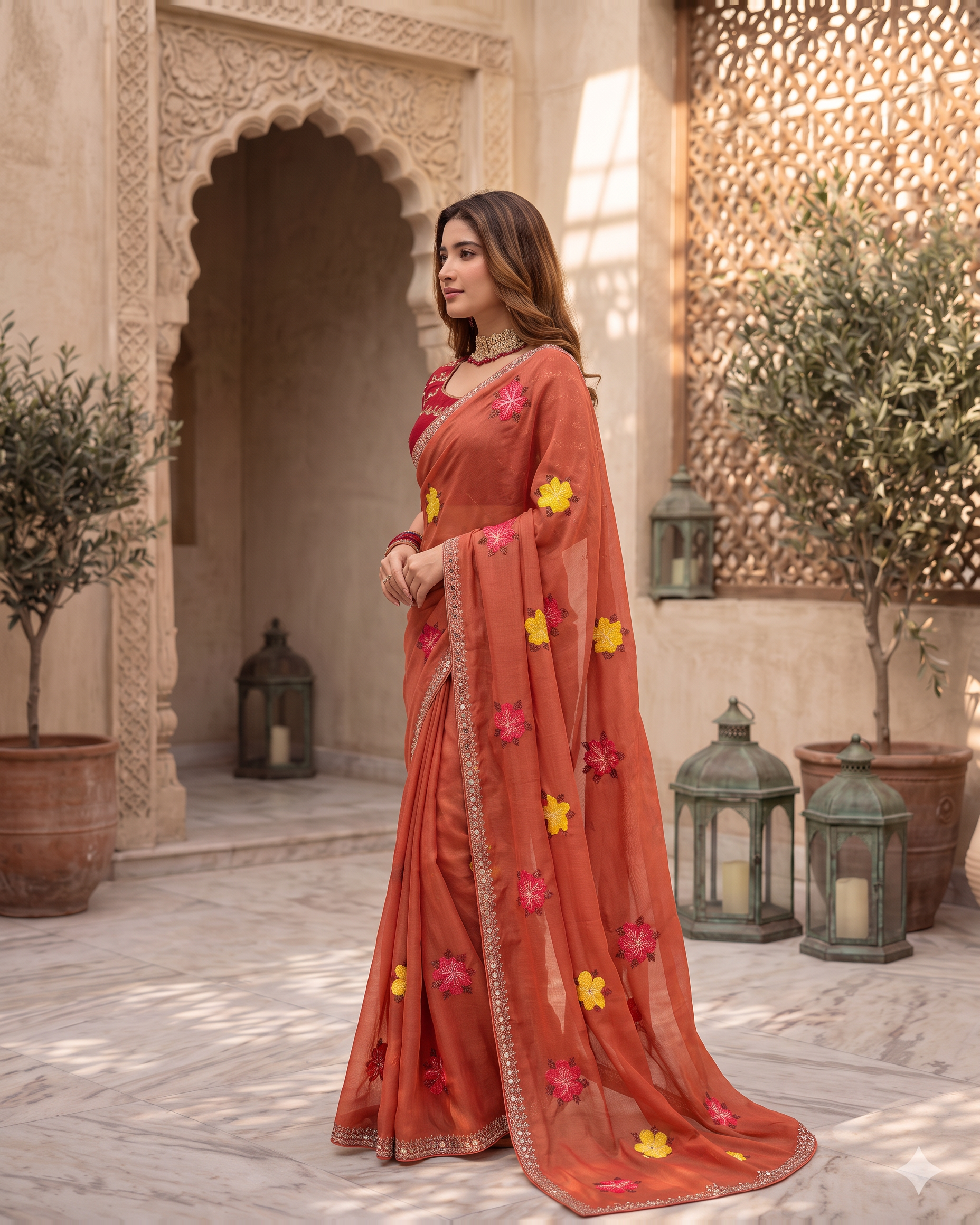 Myra Mirror Work Festive Saree with Sparkle Border - Coral - side