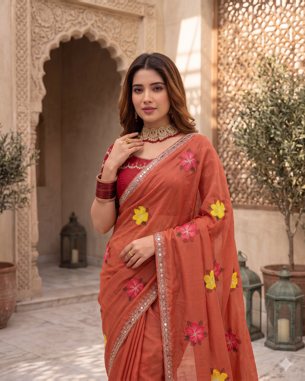 Myra Mirror Work Festive Saree with Sparkle Border - Coral - upper closeup