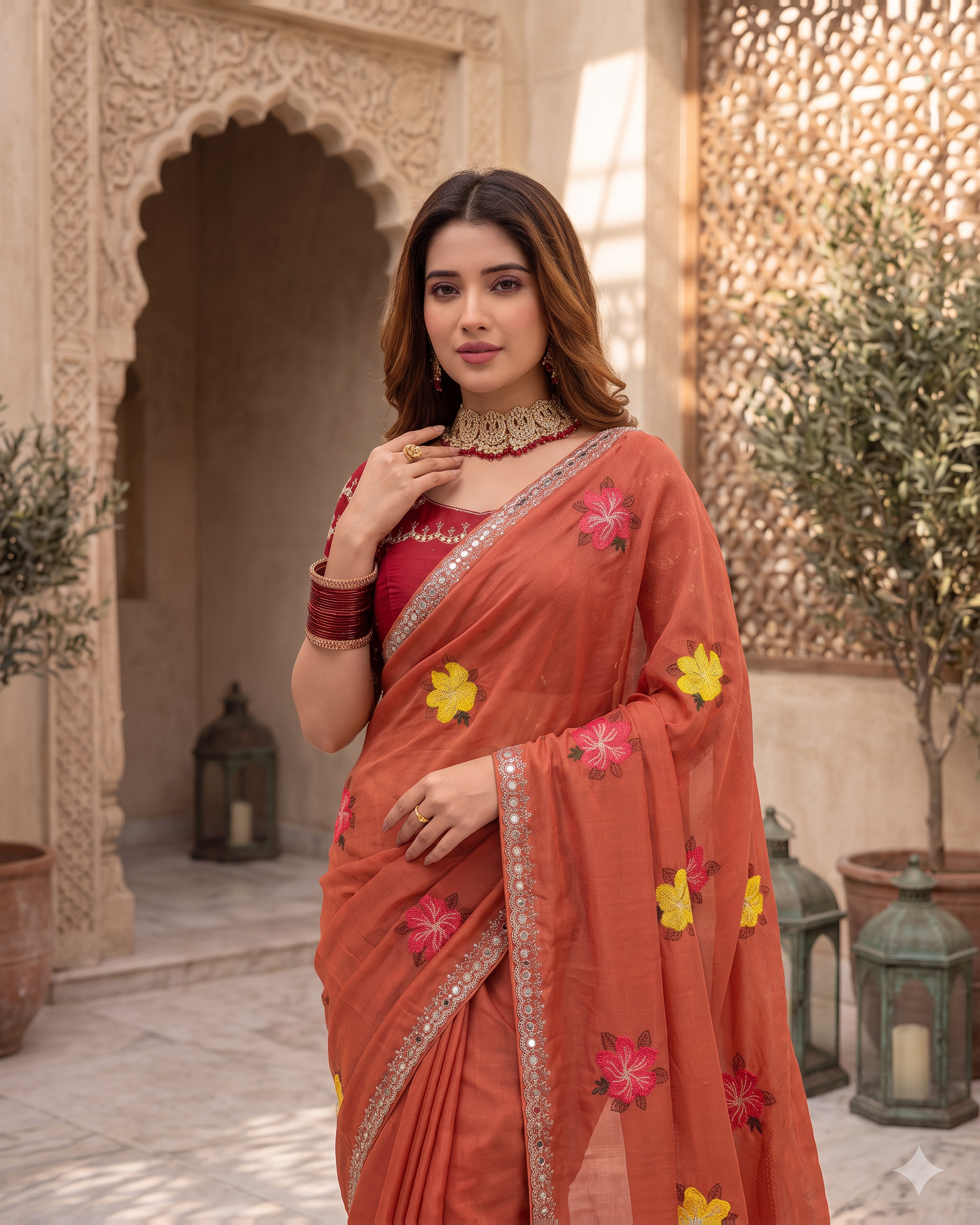 Myra Mirror Work Festive Saree with Sparkle Border - Coral - upper closeup