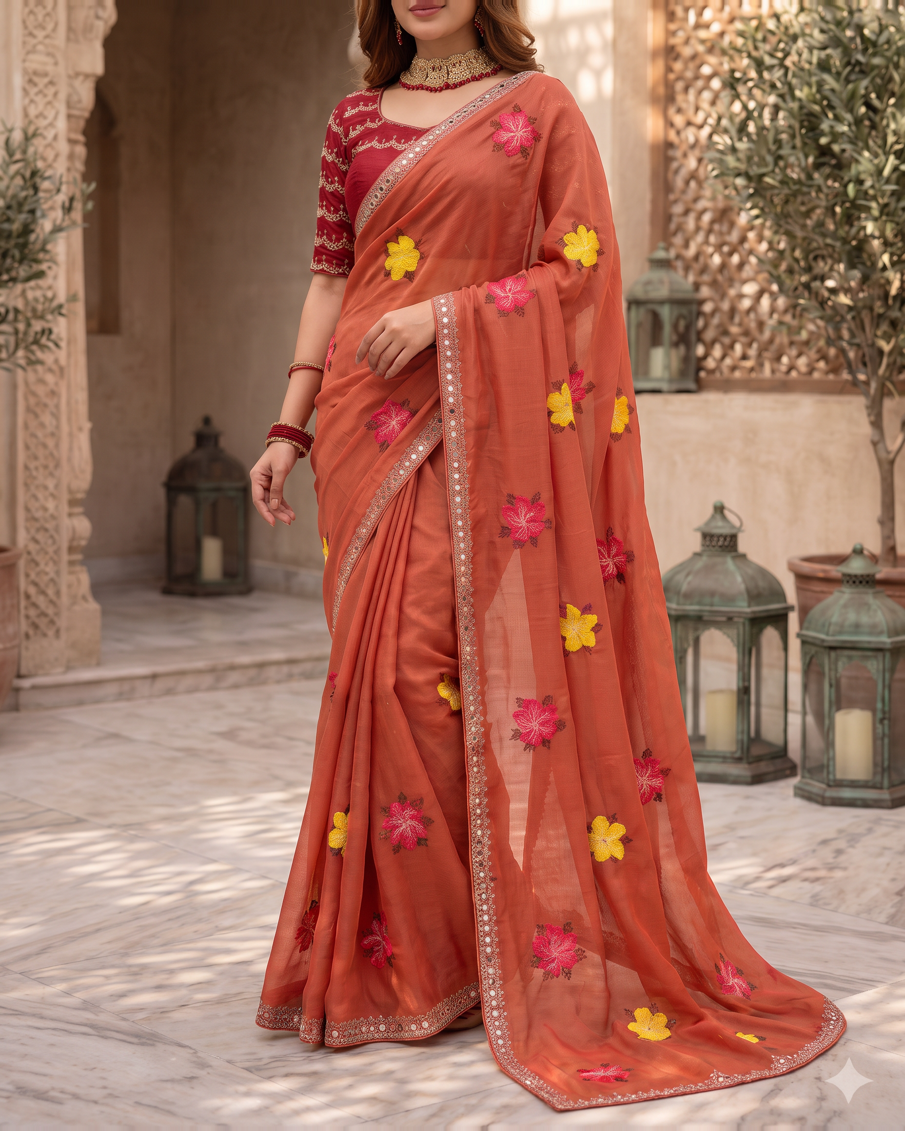 Myra Mirror Work Festive Saree with Sparkle Border - Coral - lower closeup