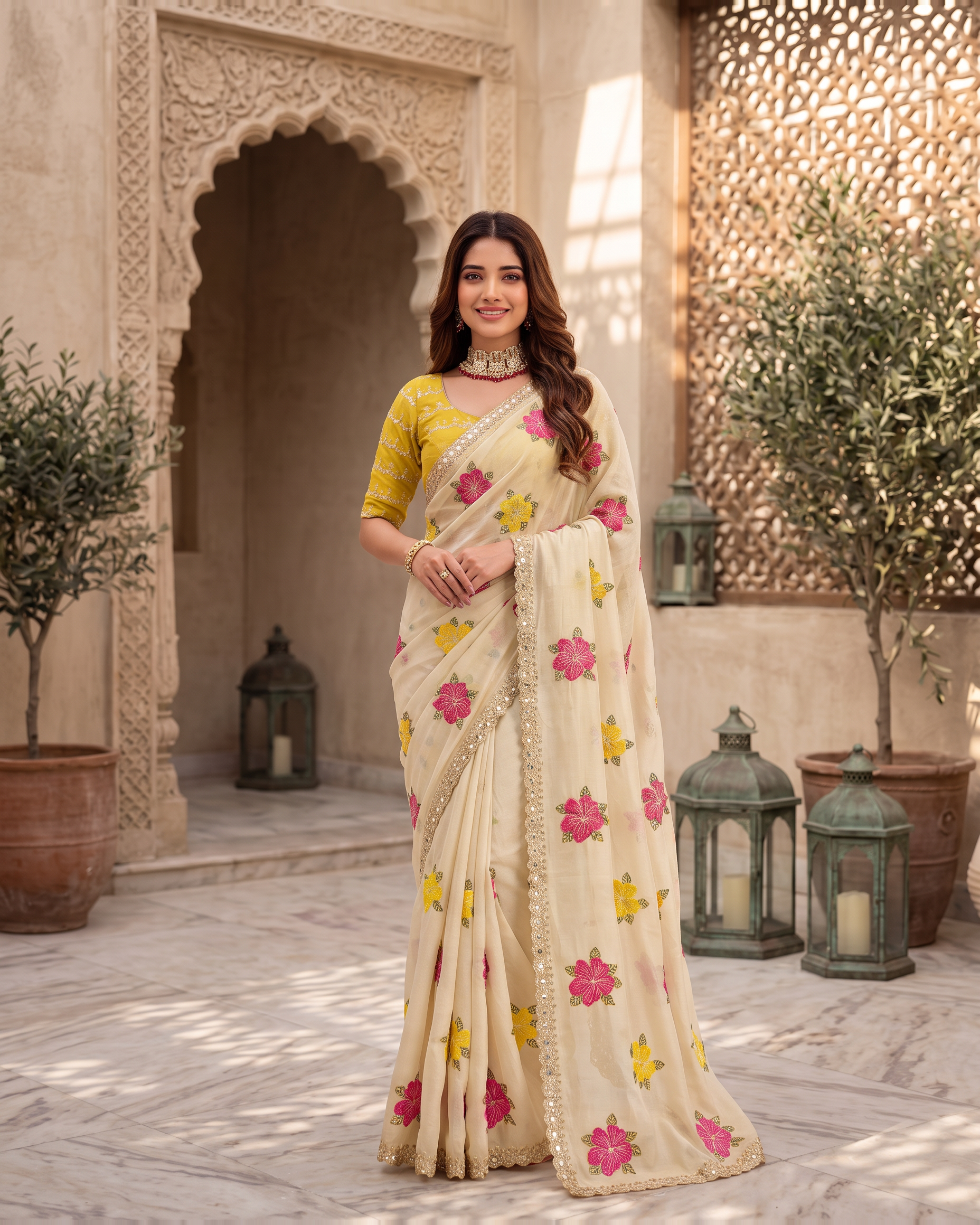 Myra Mirror Work Festive Saree with Sparkle Border - Cream - full saree hero