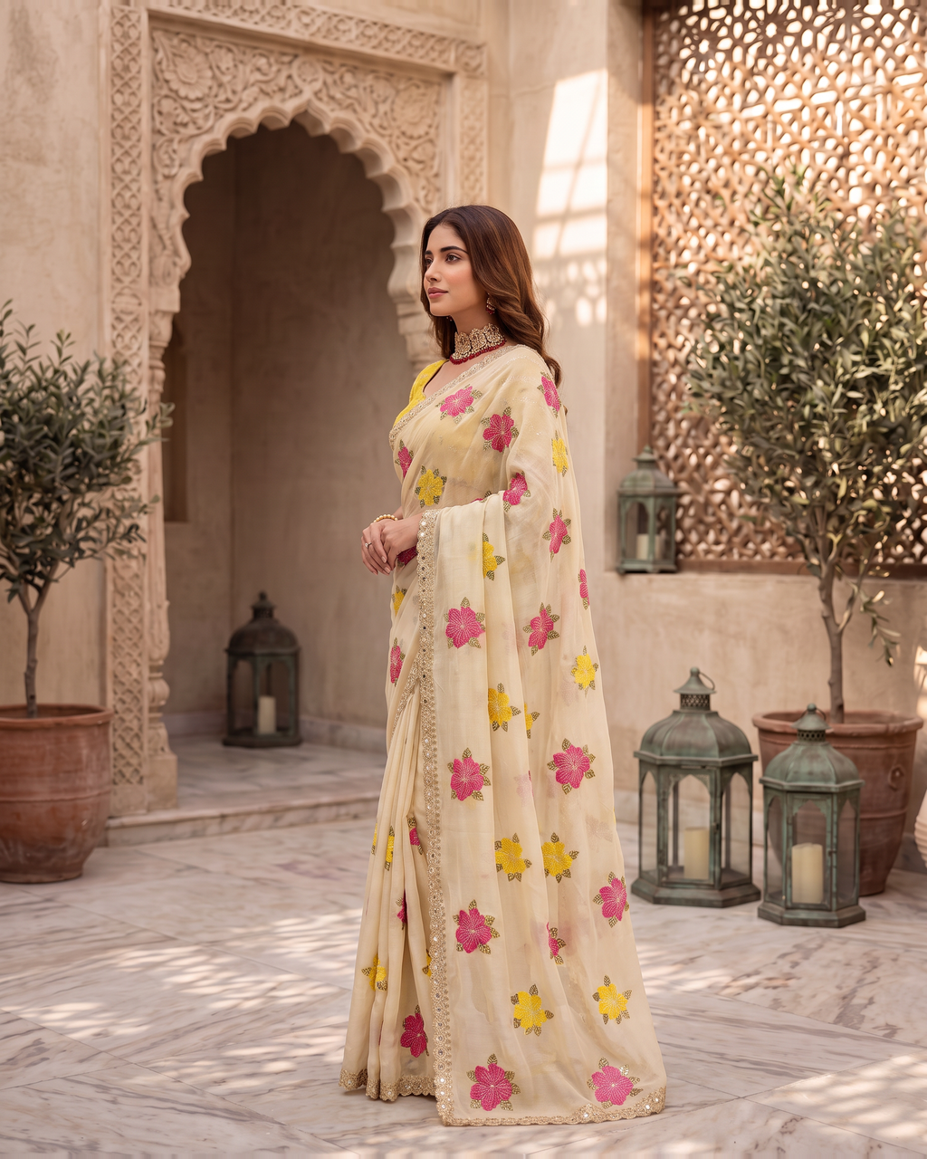 Myra Mirror Work Festive Saree with Sparkle Border - Cream - side