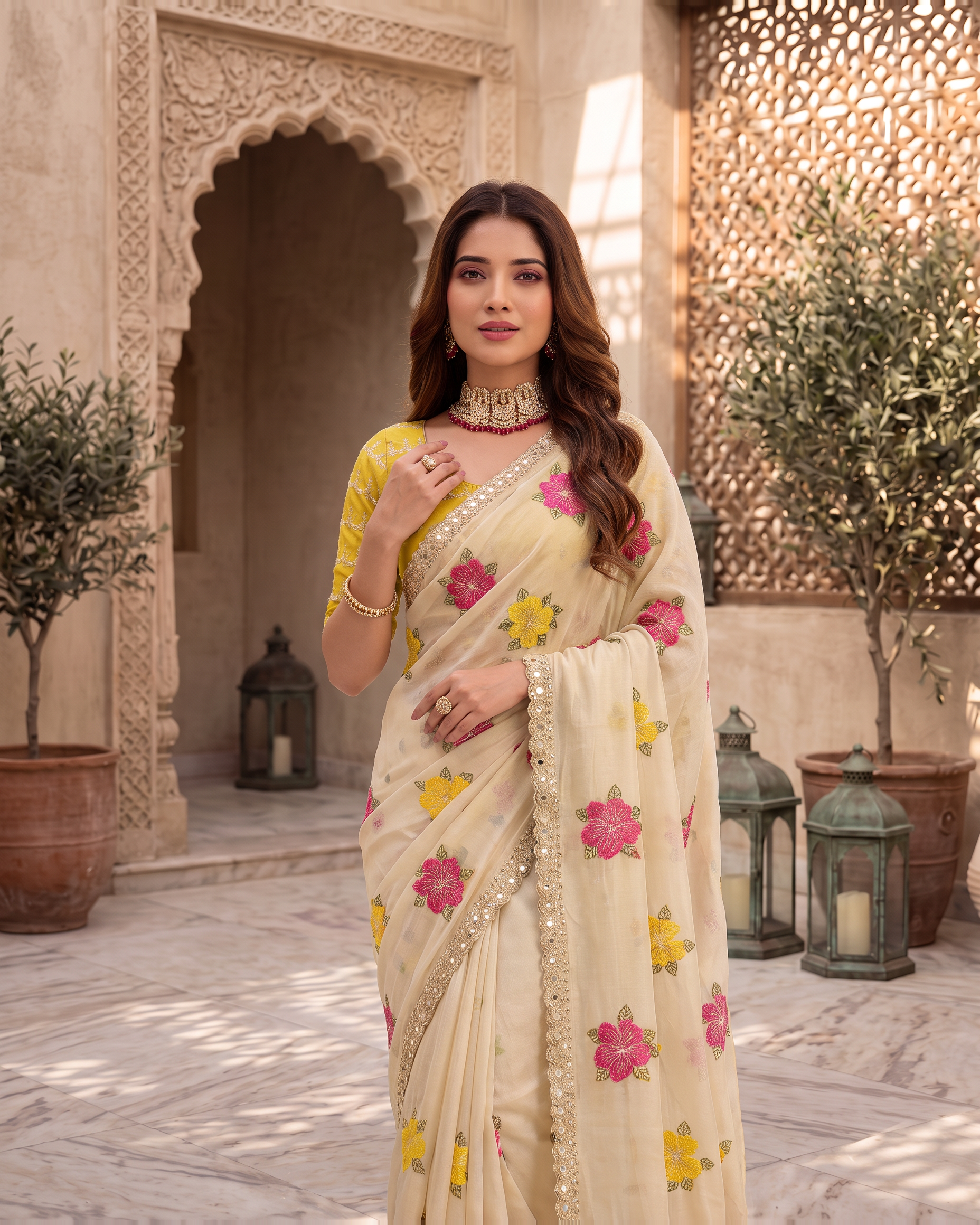 Myra Mirror Work Festive Saree with Sparkle Border - Cream - upper closeup