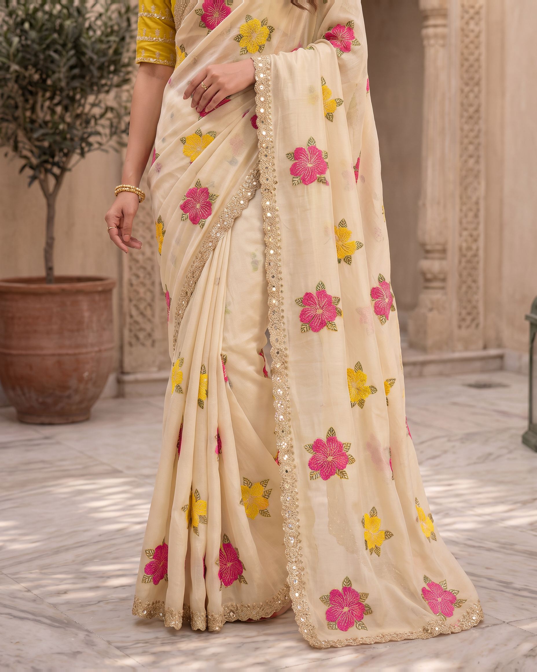 Myra Mirror Work Festive Saree with Sparkle Border - Cream - lower closeup
