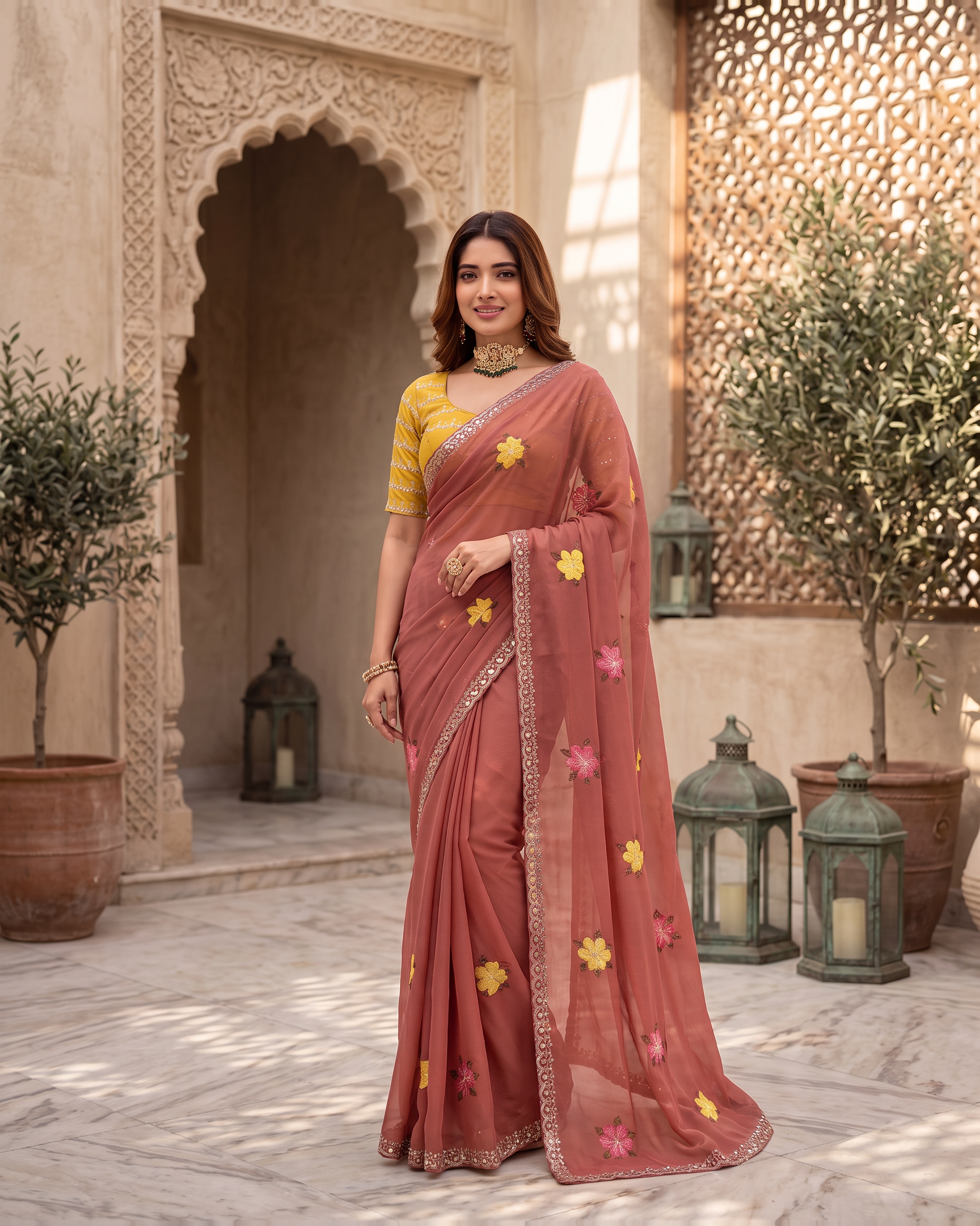 Myra Mirror Work Festive Saree with Sparkle Border - Dusty Rose - full saree hero