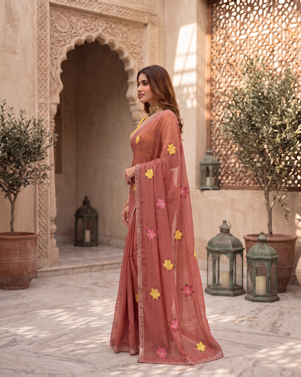 Myra Mirror Work Festive Saree with Sparkle Border - Dusty Rose - side
