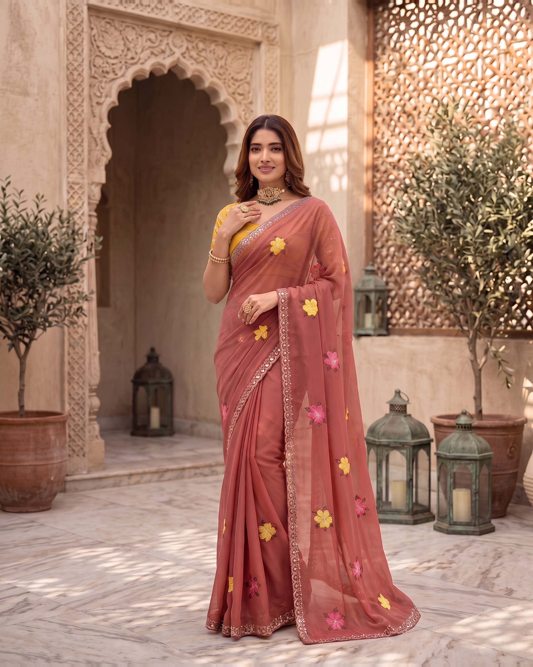 Myra Mirror Work Festive Saree with Sparkle Border - Dusty Rose - upper closeup