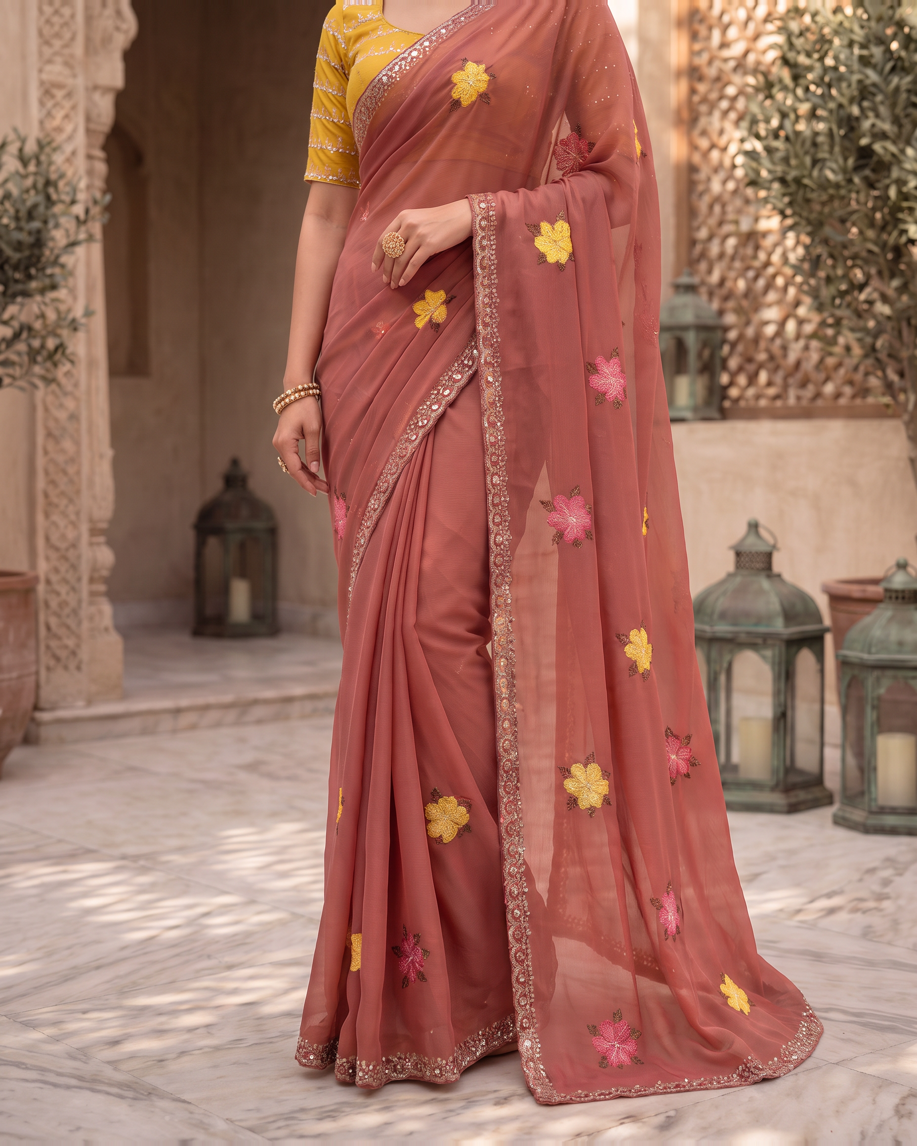 Myra Mirror Work Festive Saree with Sparkle Border - Dusty Rose - lower closeup