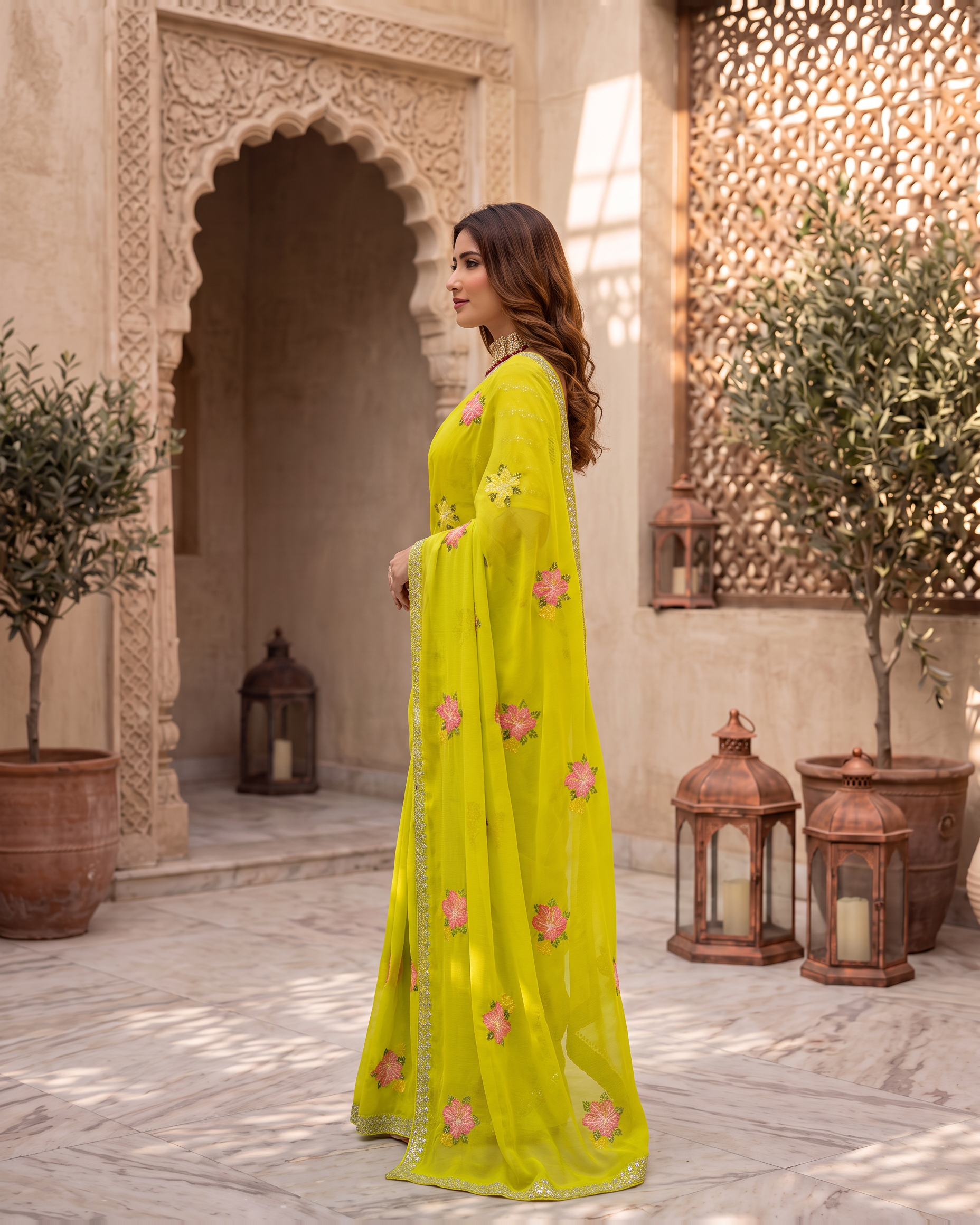 Myra Mirror Work Festive Saree with Sparkle Border - Lime - side